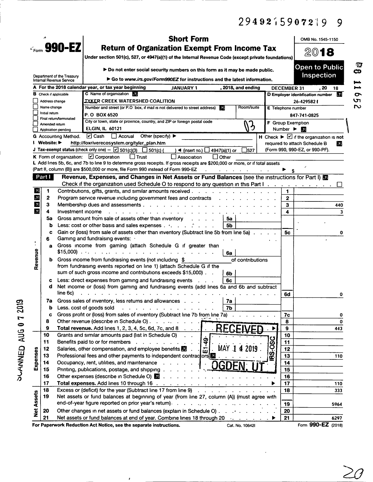 Image of first page of 2018 Form 990EZ for Tyler Creek Watershed Coalition