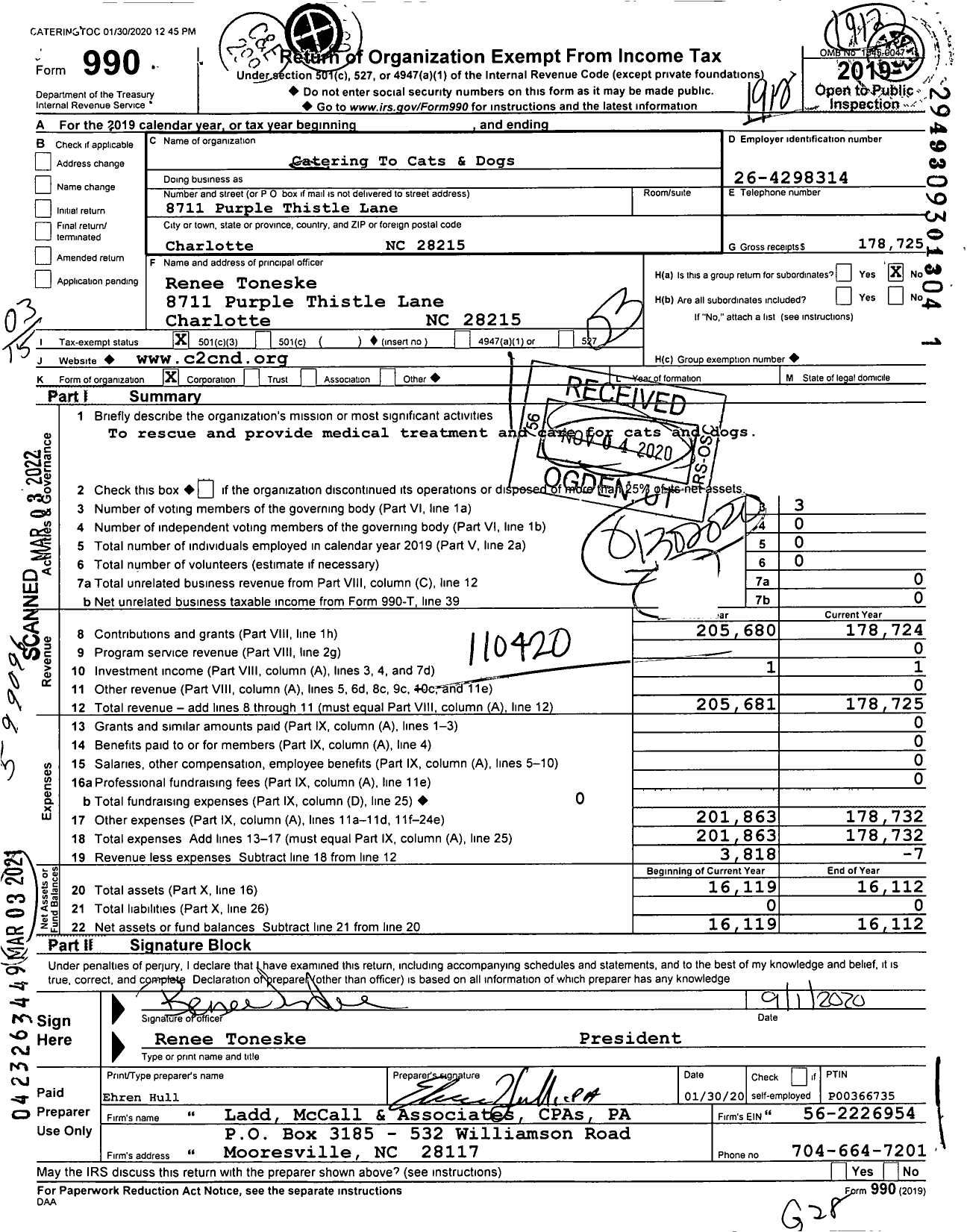 Image of first page of 2019 Form 990 for Catering To Cats and Dogs