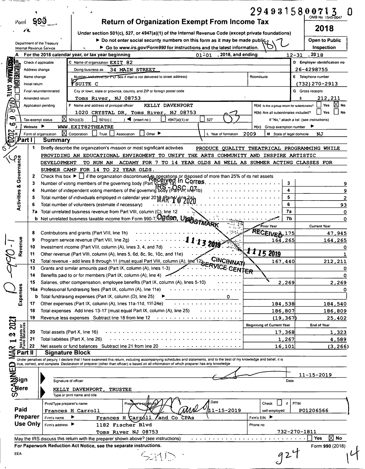 Image of first page of 2018 Form 990 for Exit 82 A Toms River Theatre Company