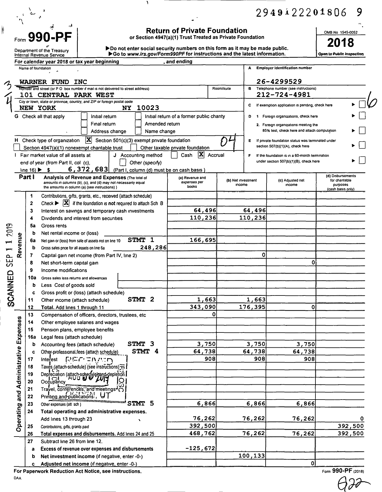 Image of first page of 2018 Form 990PF for Warner Fund