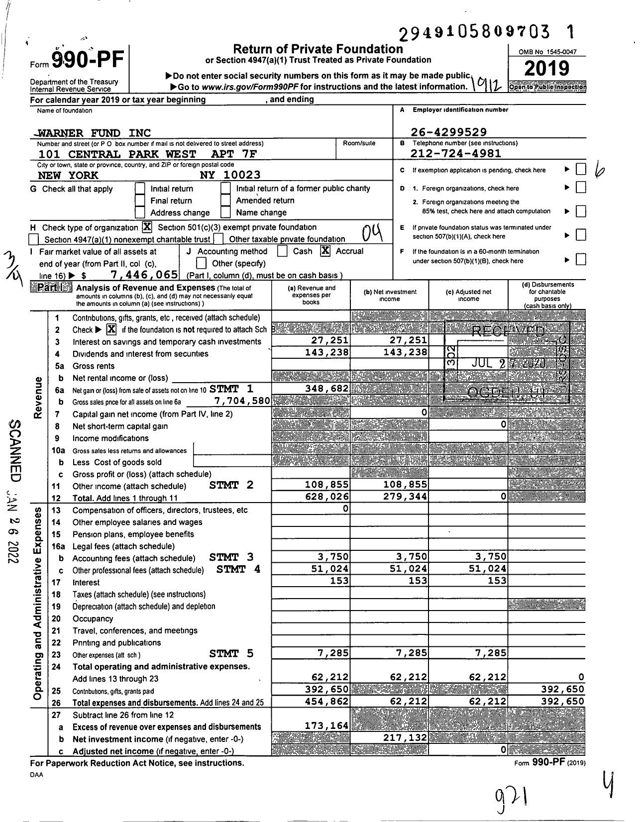 Image of first page of 2019 Form 990PF for Warner Fund