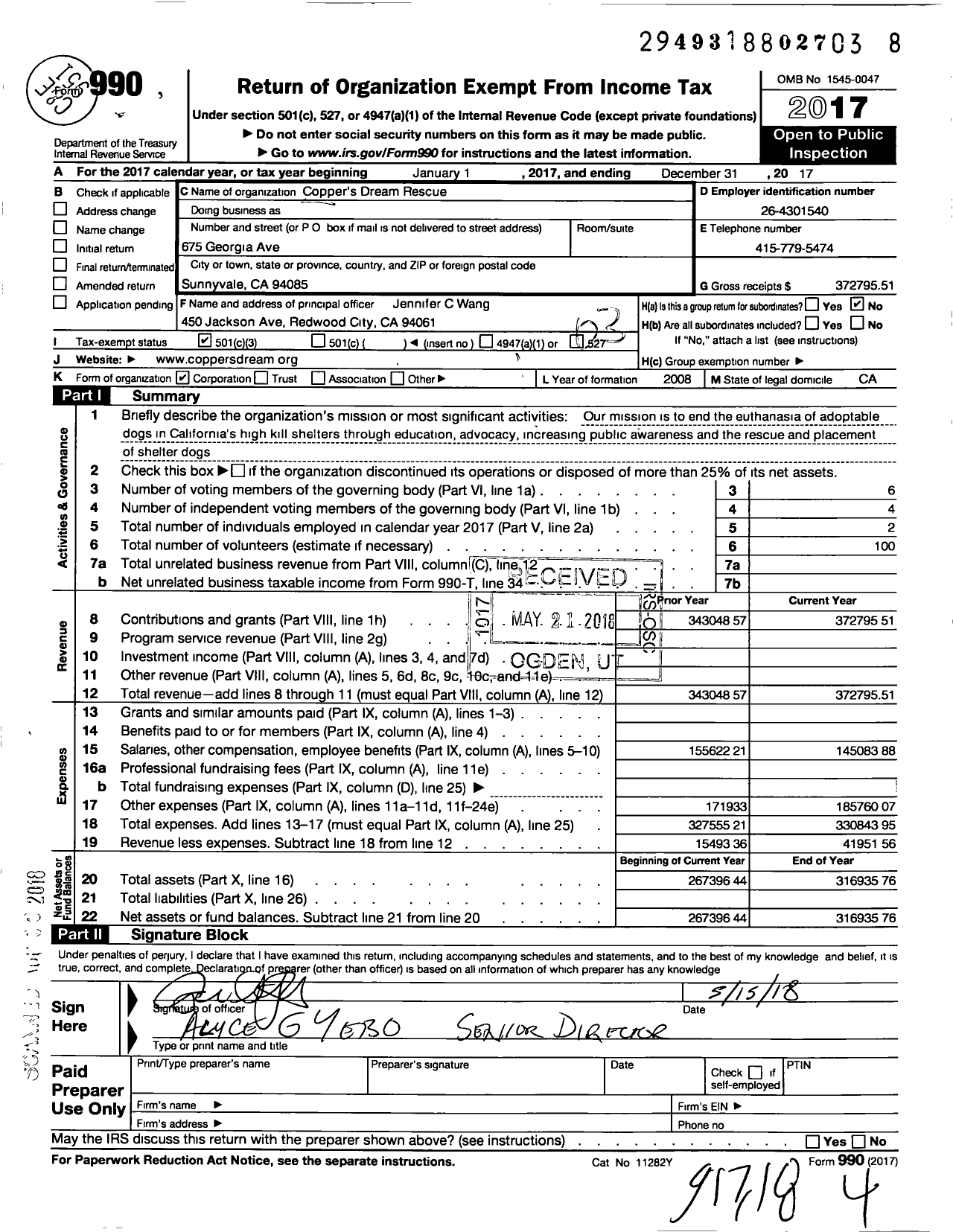 Image of first page of 2017 Form 990 for Coppers Dream Rescue