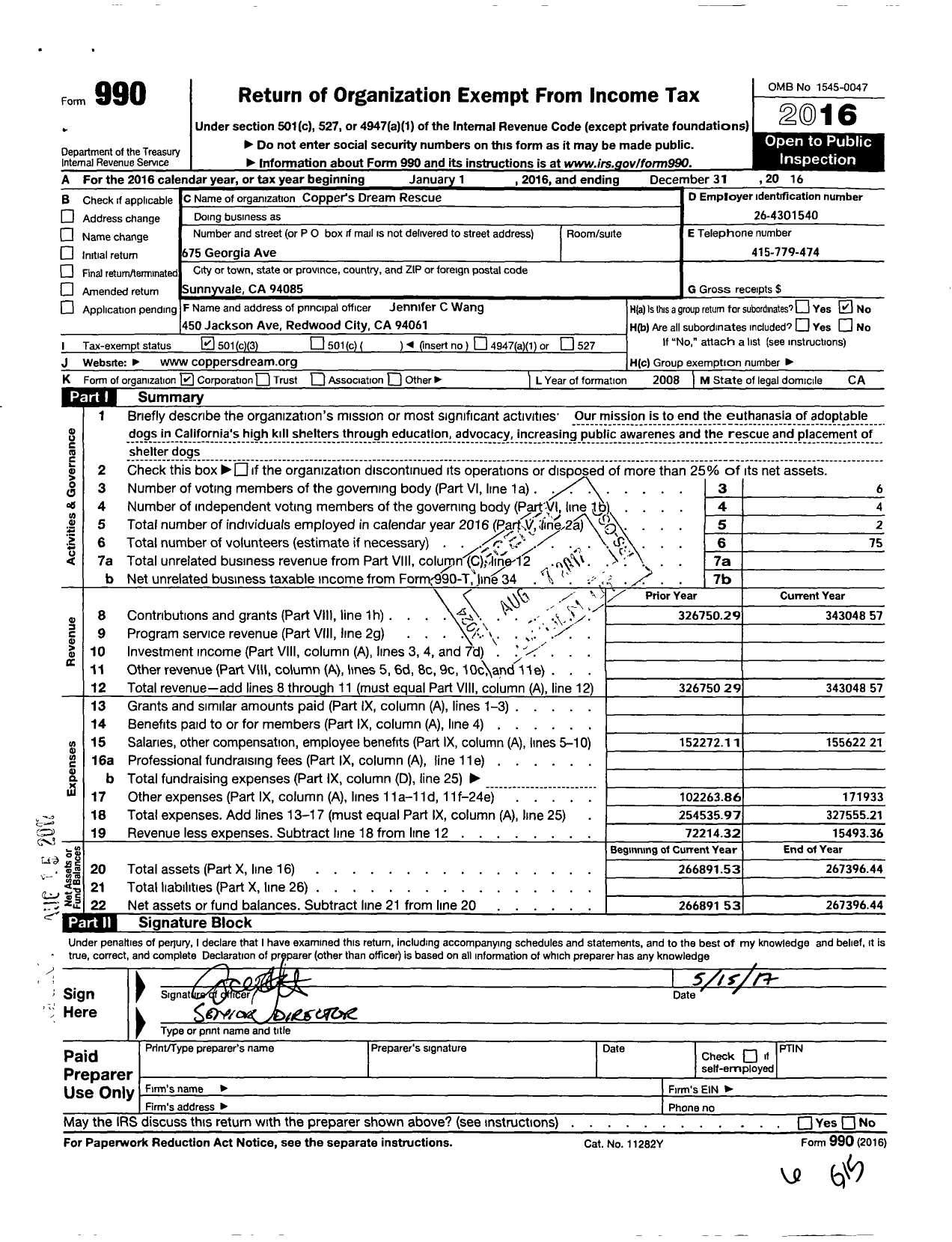 Image of first page of 2016 Form 990 for Coppers Dream Rescue