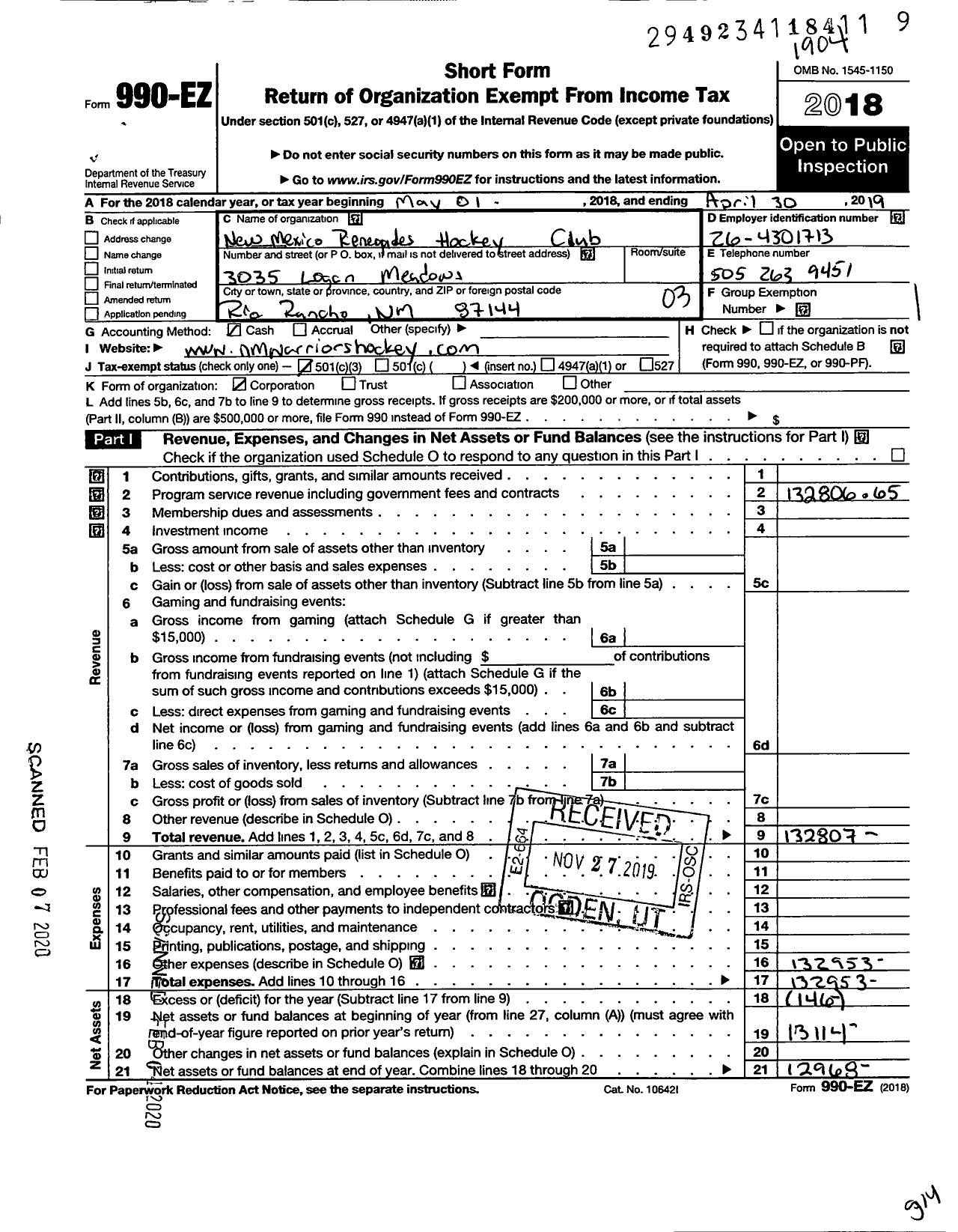 Image of first page of 2018 Form 990EZ for New Mexico Renegades Hockey Club