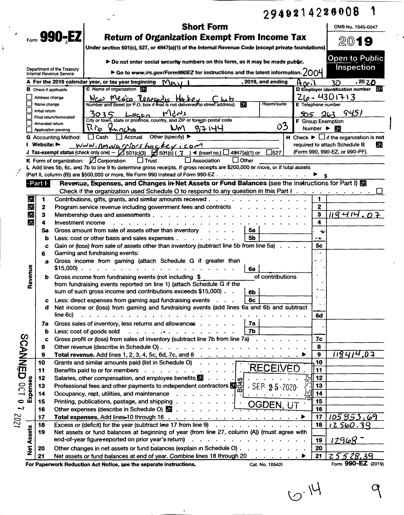 Image of first page of 2019 Form 990EZ for New Mexico Renegades Hockey Club