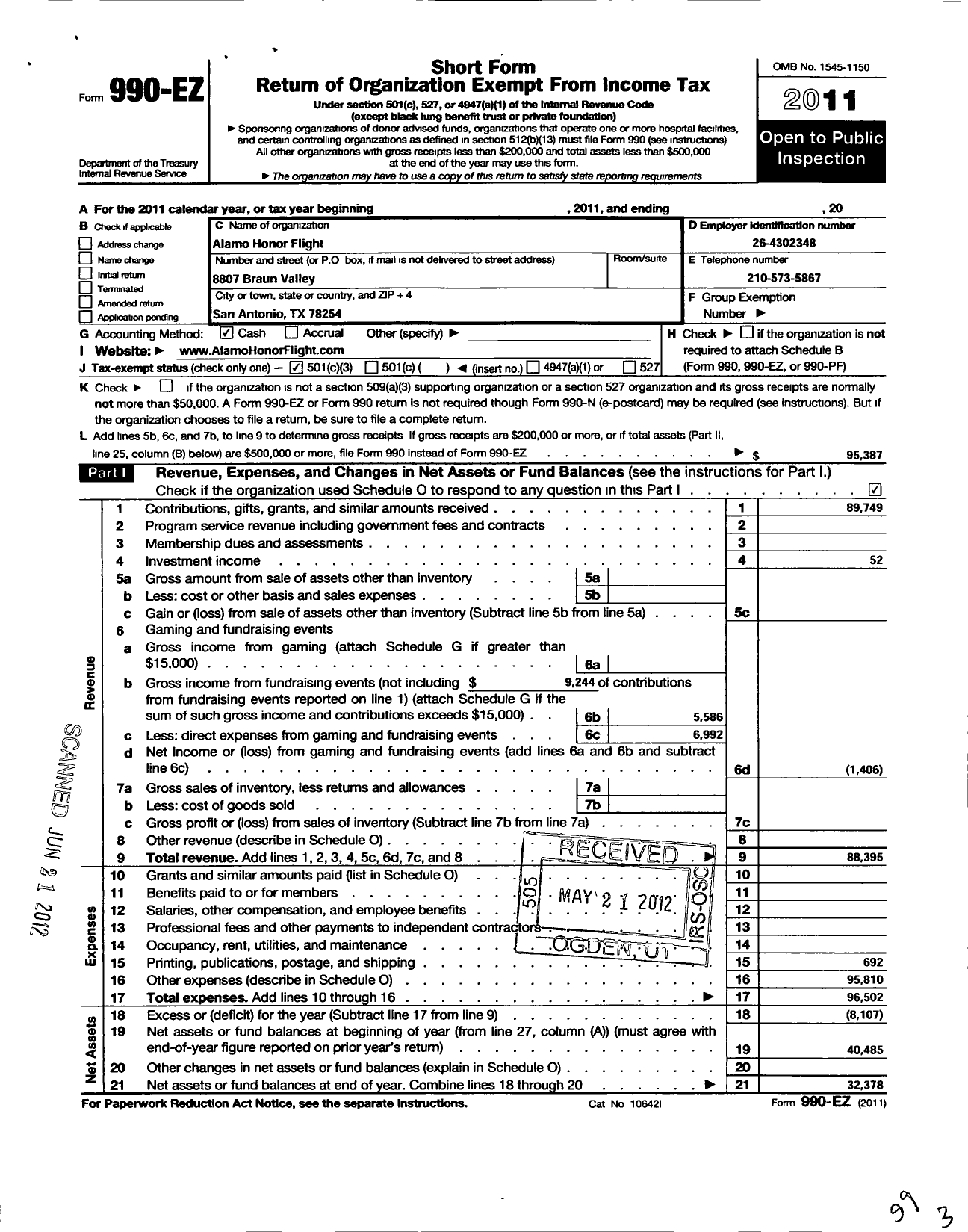 Image of first page of 2011 Form 990EZ for Alamo Honor Flight