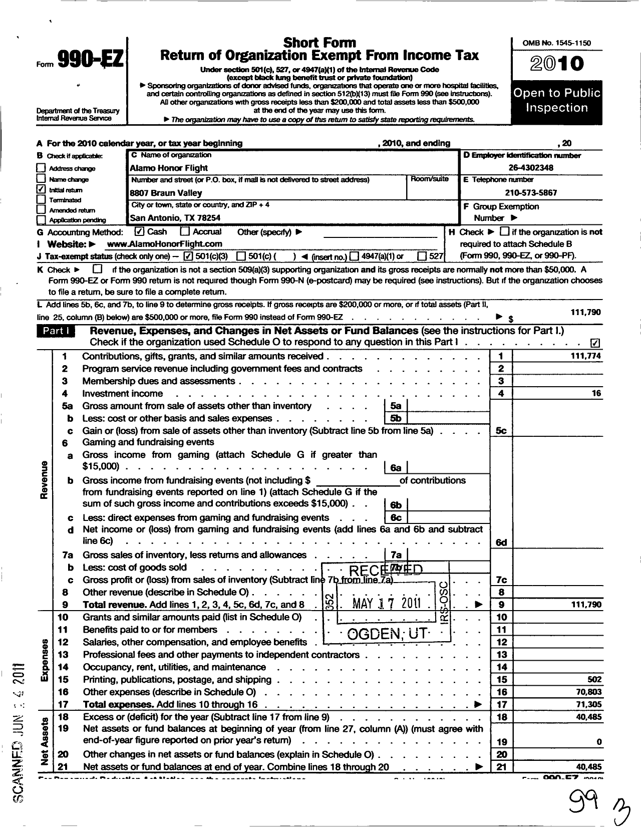 Image of first page of 2010 Form 990EZ for Alamo Honor Flight