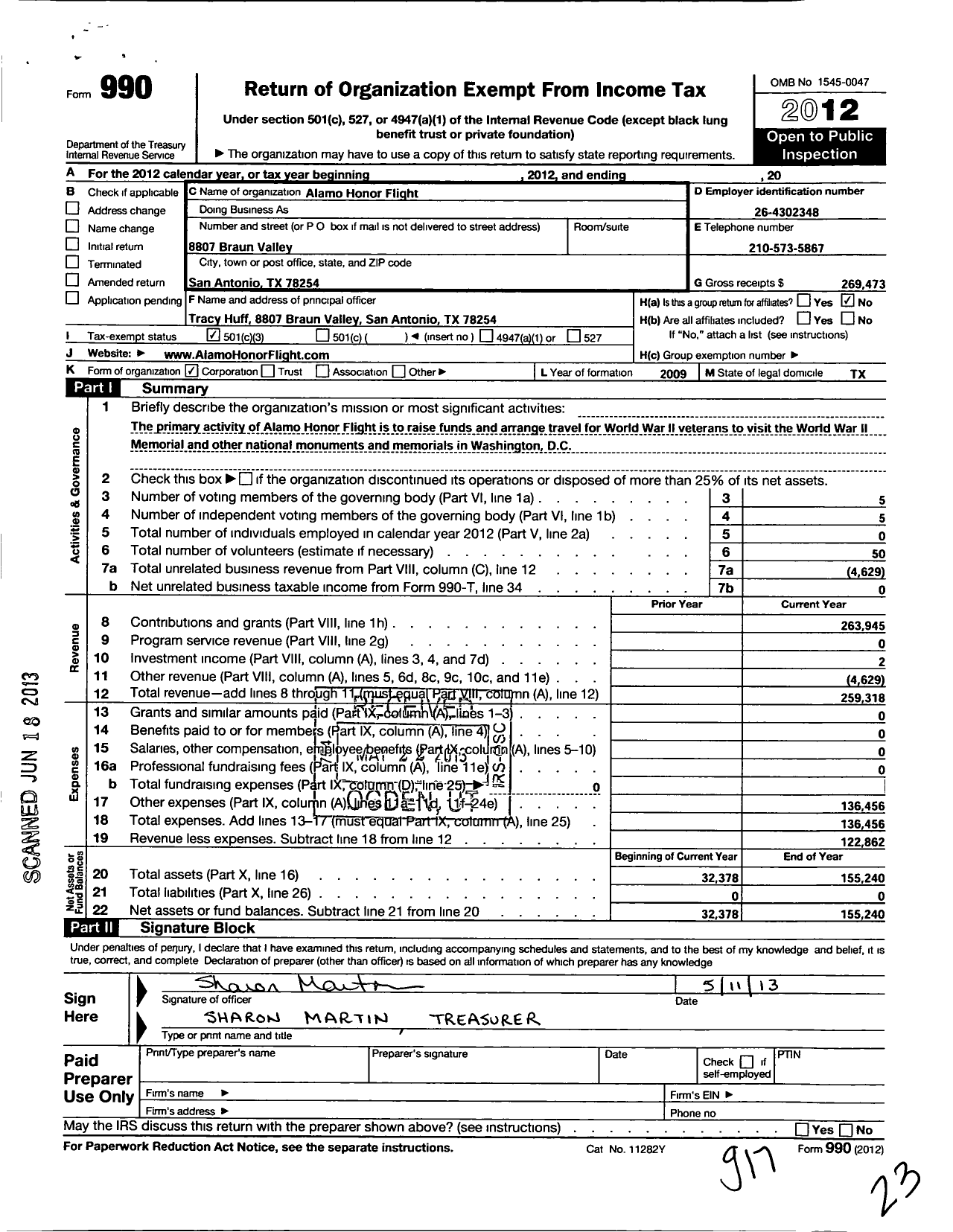 Image of first page of 2012 Form 990 for Alamo Honor Flight