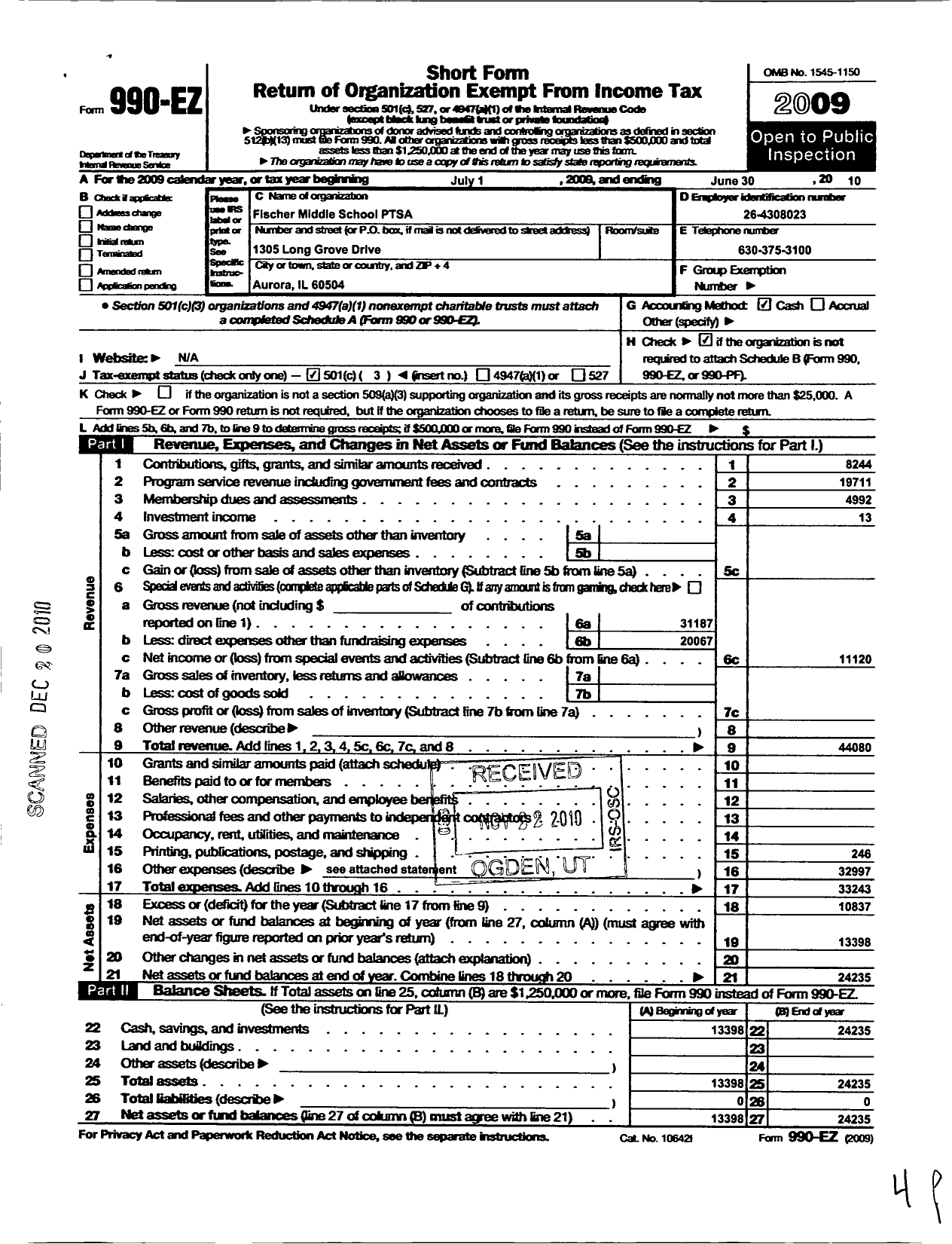 Image of first page of 2009 Form 990EZ for Illinois PTA - Fisher Middle School Ptsa