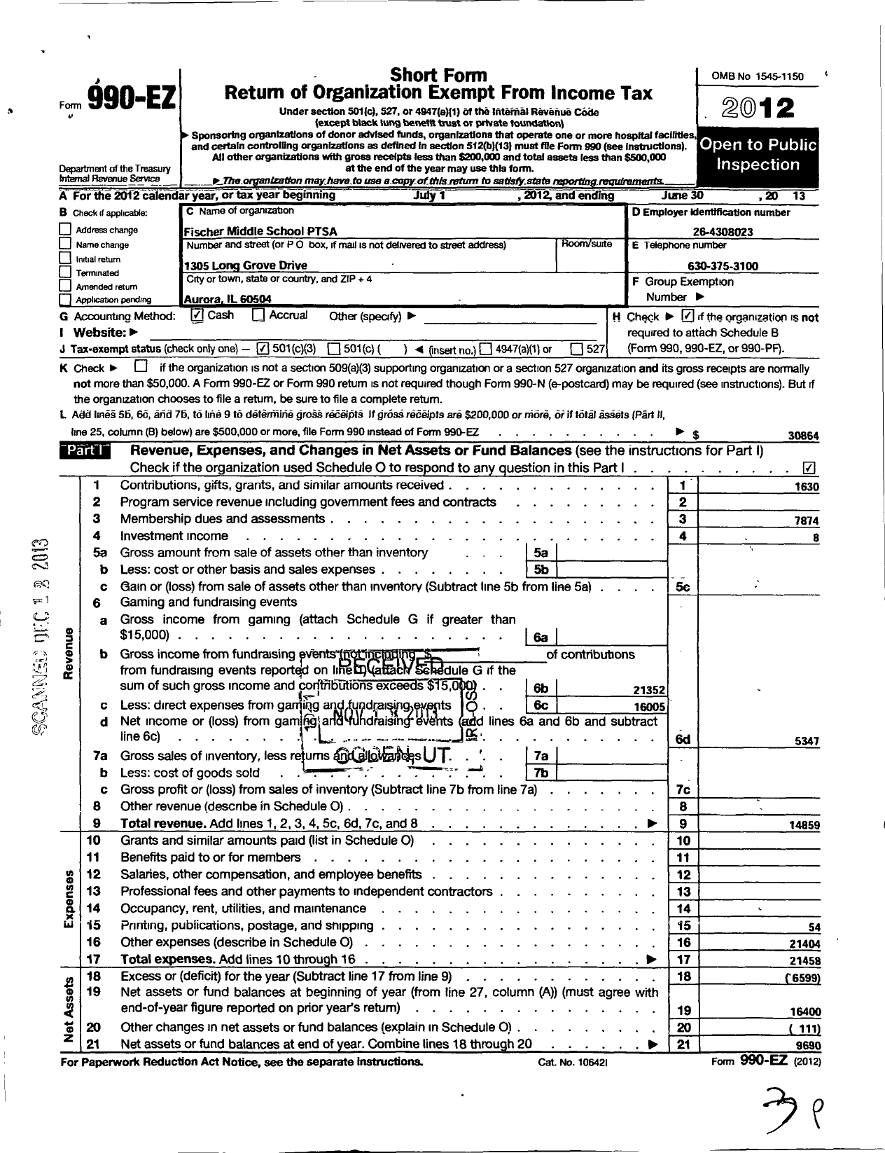 Image of first page of 2012 Form 990EZ for Illinois PTA - Fisher Middle School Ptsa