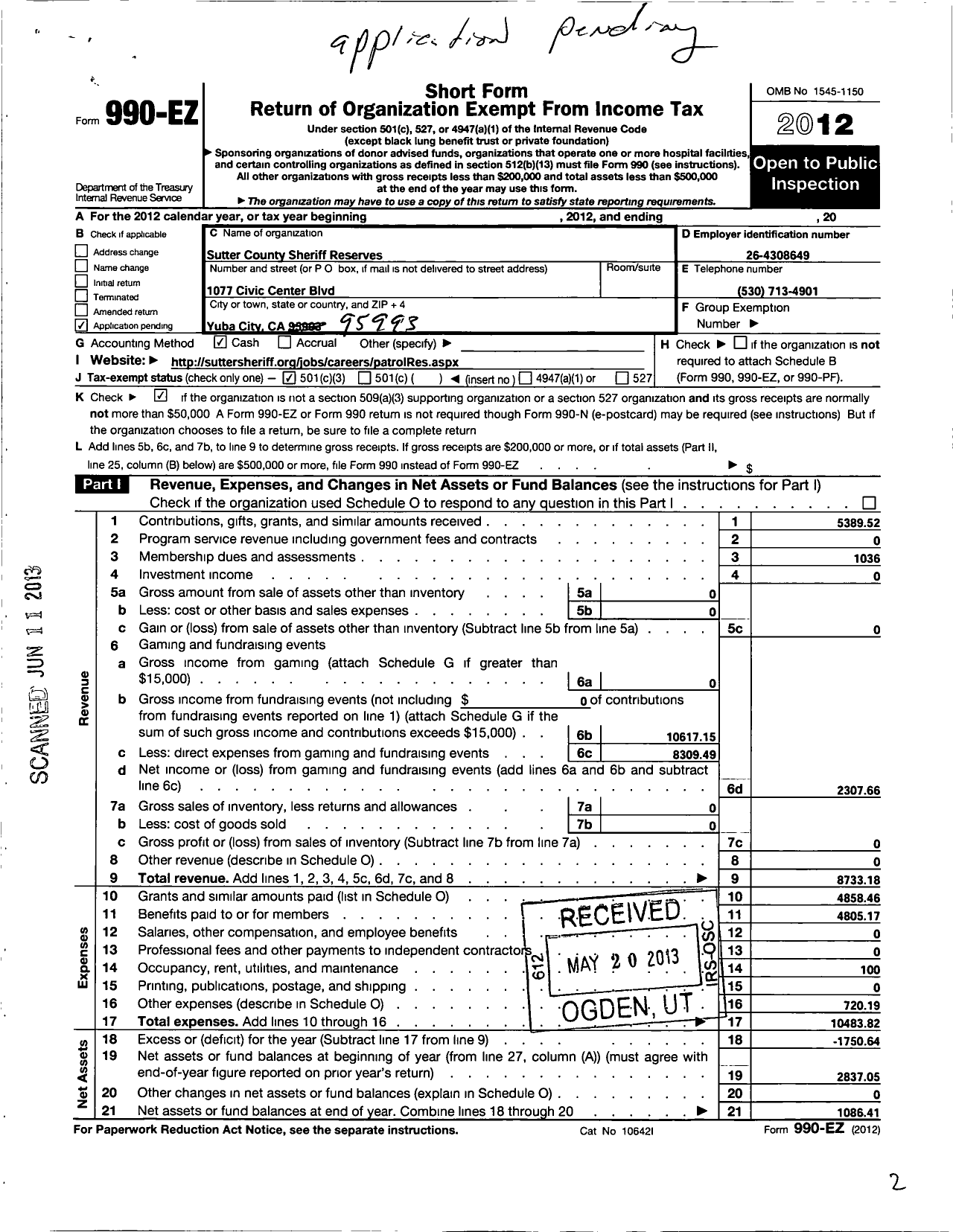 Image of first page of 2012 Form 990EZ for Sutter County Sheriffs Reseves