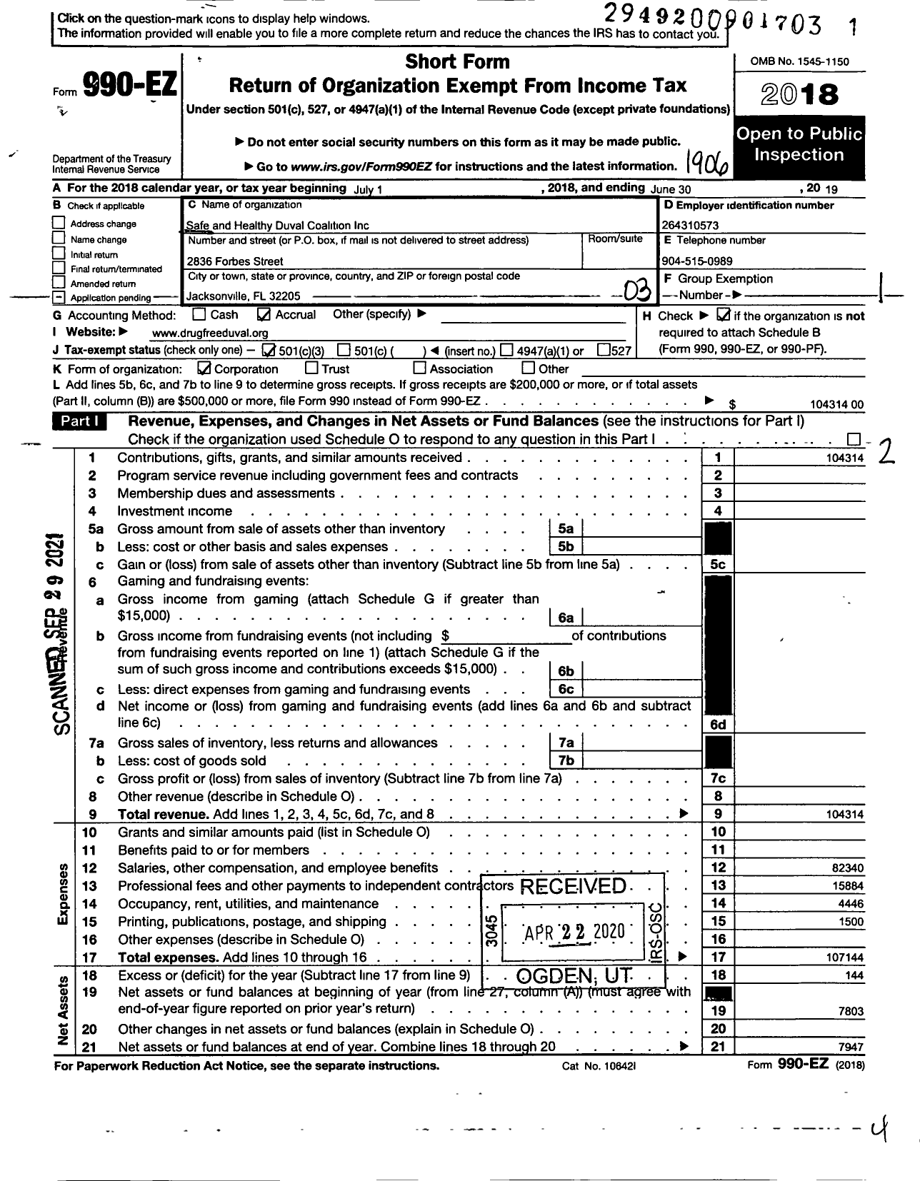 Image of first page of 2018 Form 990EZ for Safe and Healthy Duval Coalition