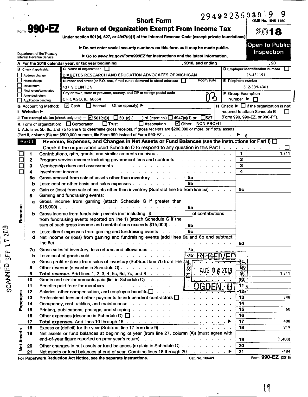 Image of first page of 2018 Form 990EZ for Diabetes Research and Education Advocates of Michigan