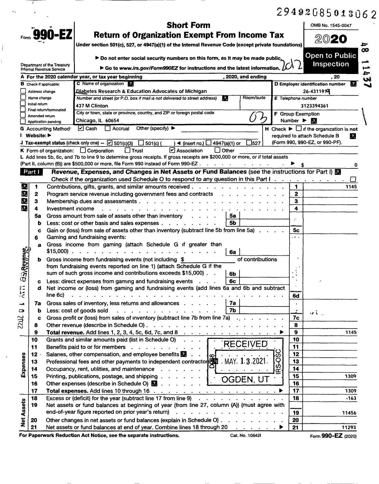 Image of first page of 2020 Form 990EZ for Diabetes Research and Education Advocates of Michigan