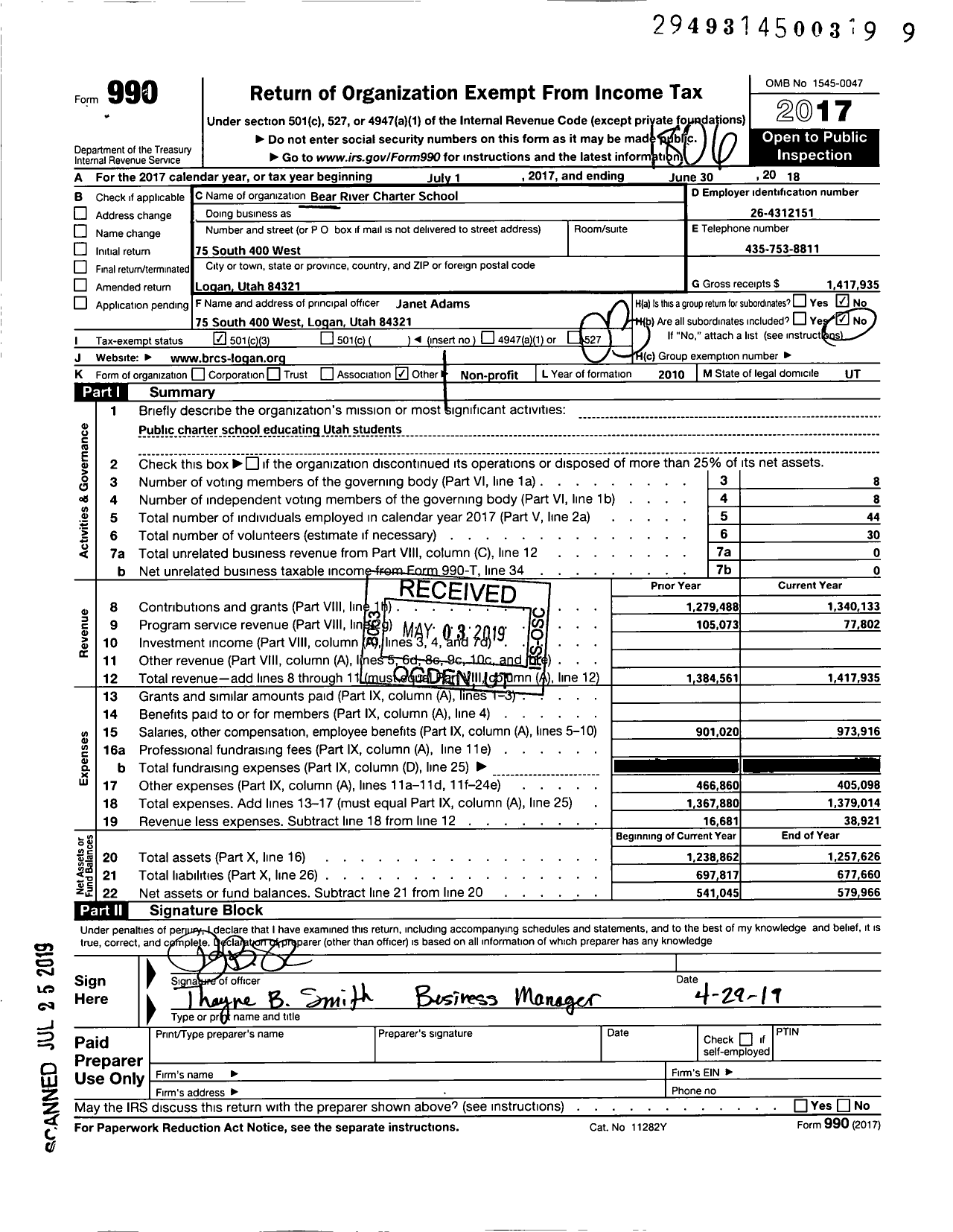 Image of first page of 2017 Form 990 for Bear River Charter School