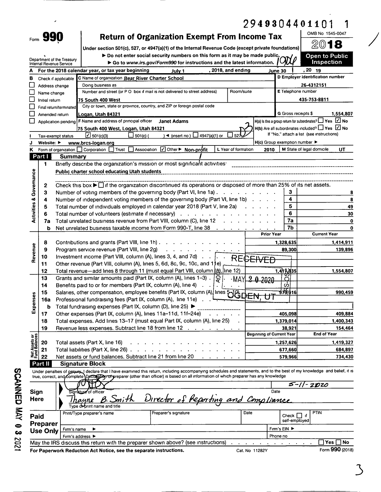 Image of first page of 2018 Form 990 for Bear River Charter School