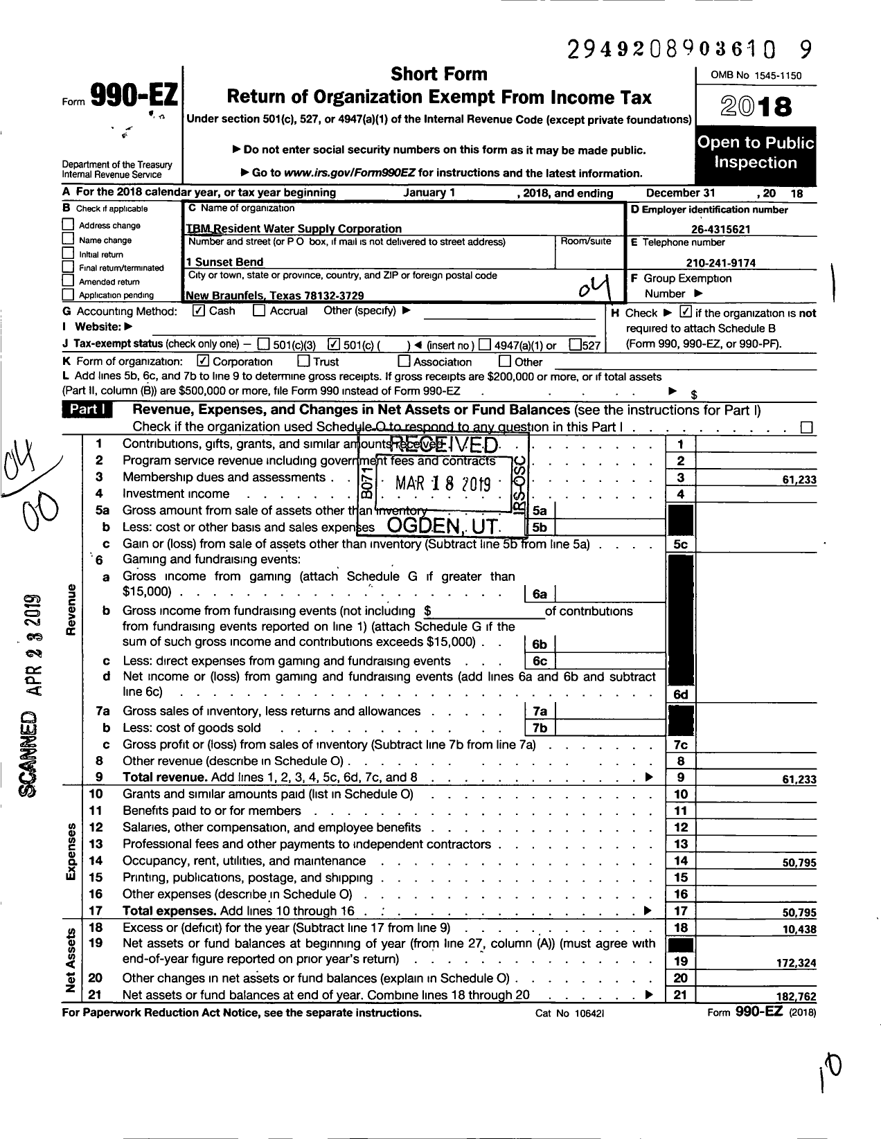 Image of first page of 2018 Form 990EO for TBM Resident Water Supply Corporation