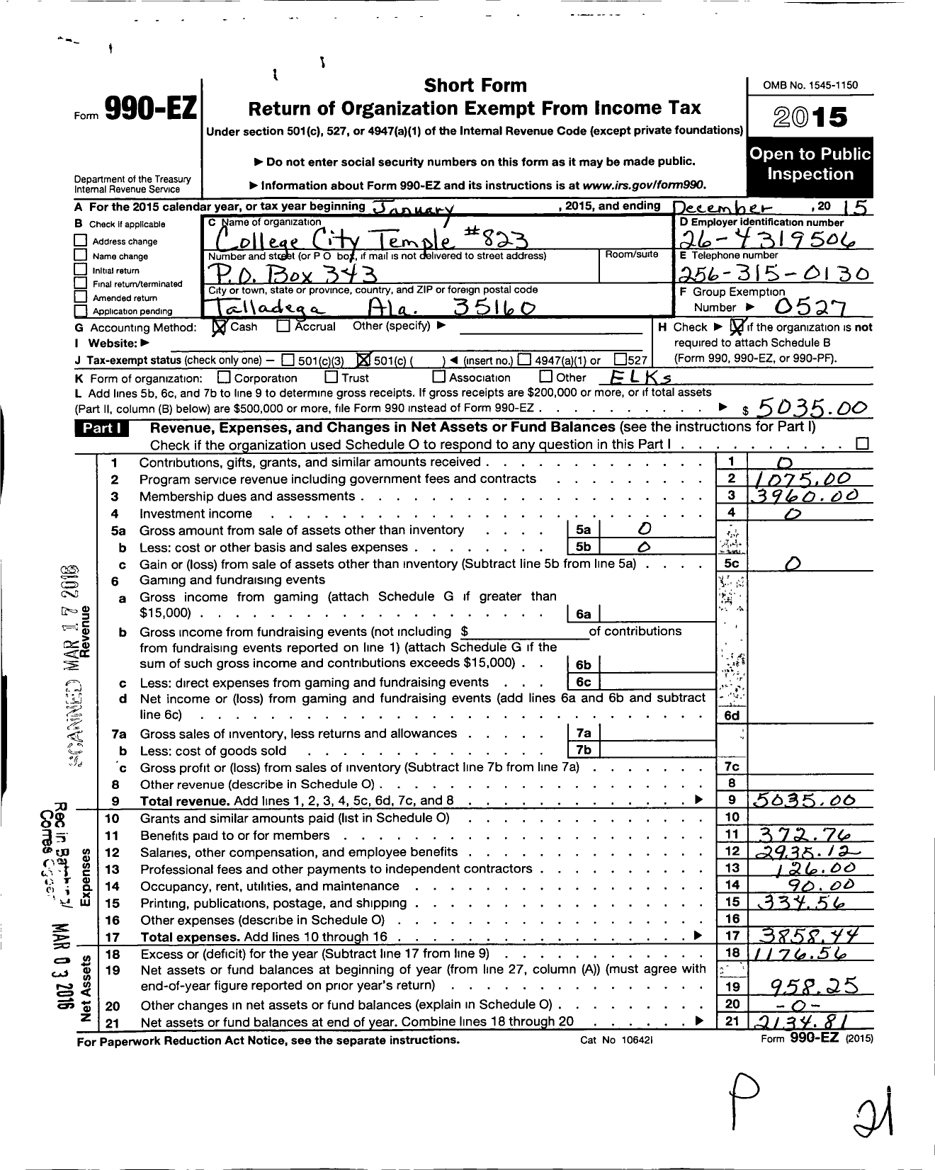 Image of first page of 2015 Form 990EO for Improved Benevolent and Protective Order of Elks of the World - 823 College City DHGT of Elks