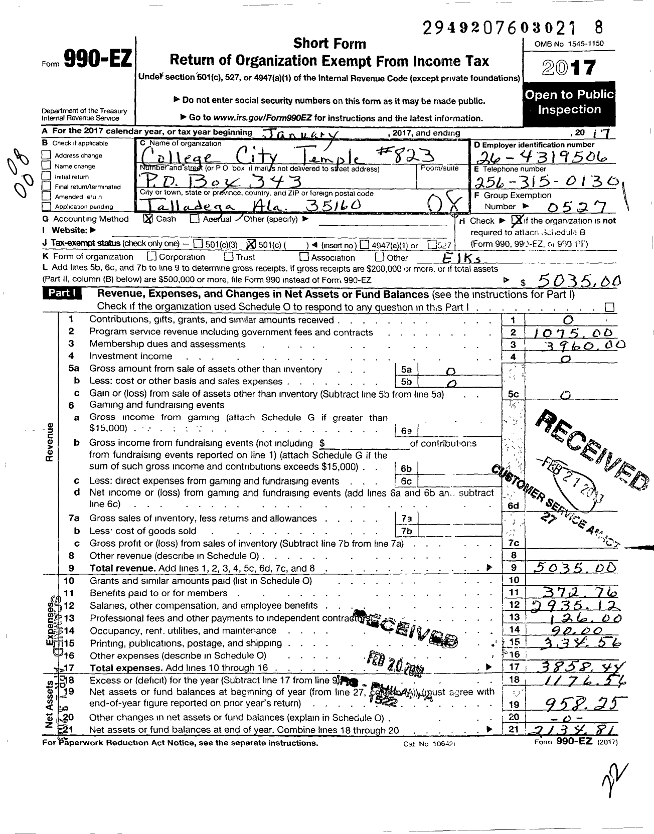 Image of first page of 2017 Form 990EO for Improved Benevolent and Protective Order of Elks of the World - 823 College City DHGT of Elks