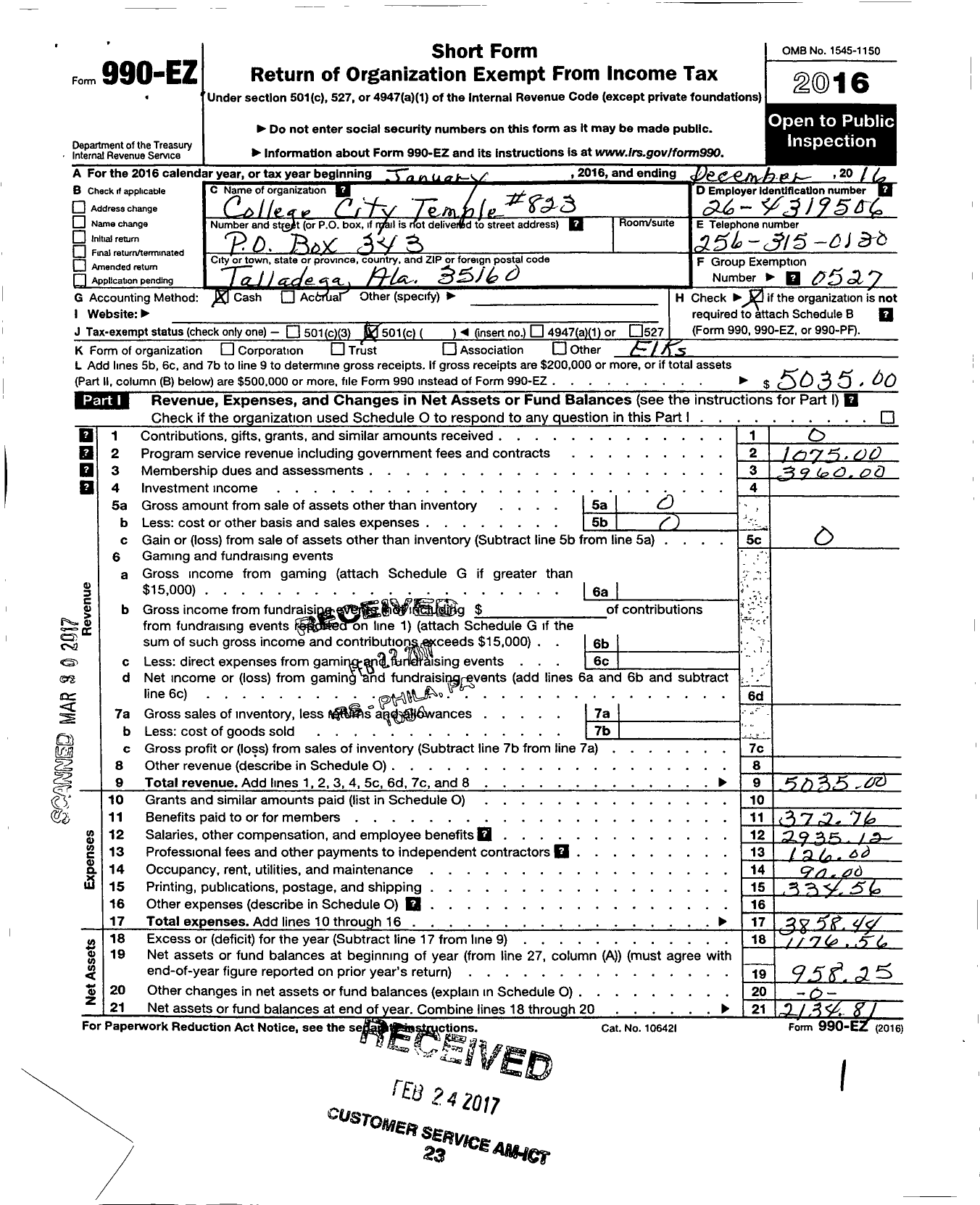 Image of first page of 2016 Form 990EO for Improved Benevolent and Protective Order of Elks of the World - 823 College City DHGT of Elks