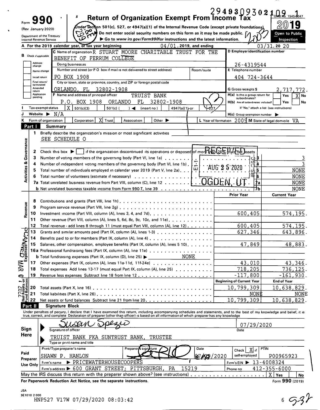 Image of first page of 2019 Form 990 for R Stuart Moore Charitable Trust for the