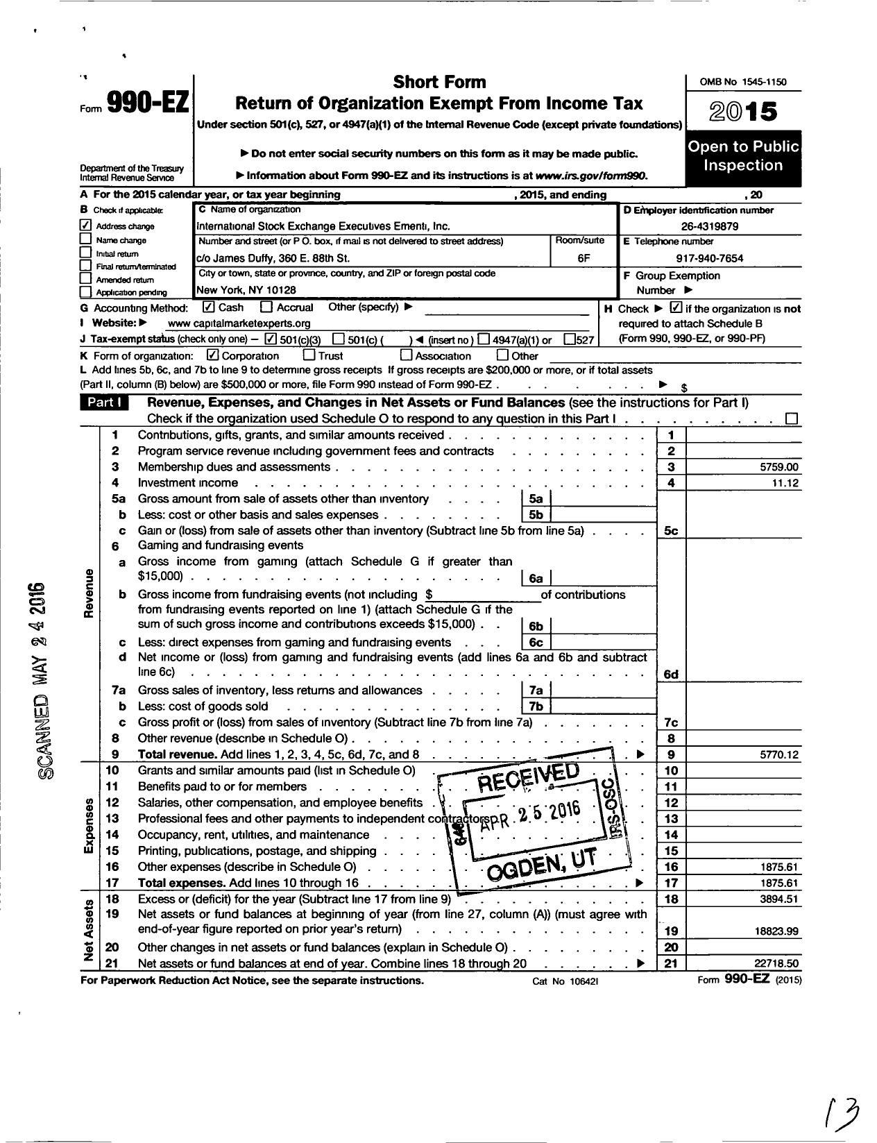 Image of first page of 2015 Form 990EZ for International Stock Exchange Executives Emeriti