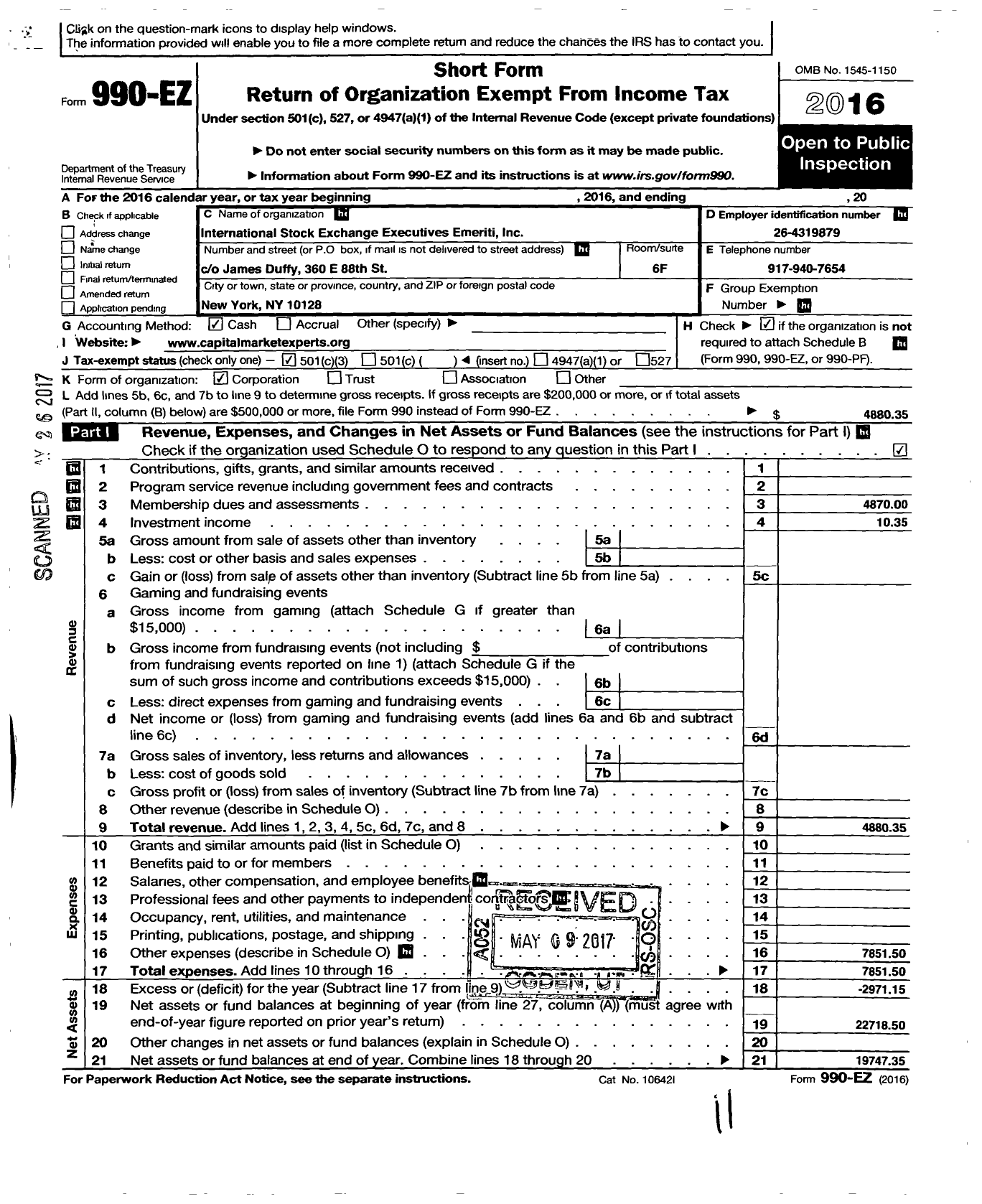 Image of first page of 2016 Form 990EZ for International Stock Exchange Executives Emeriti