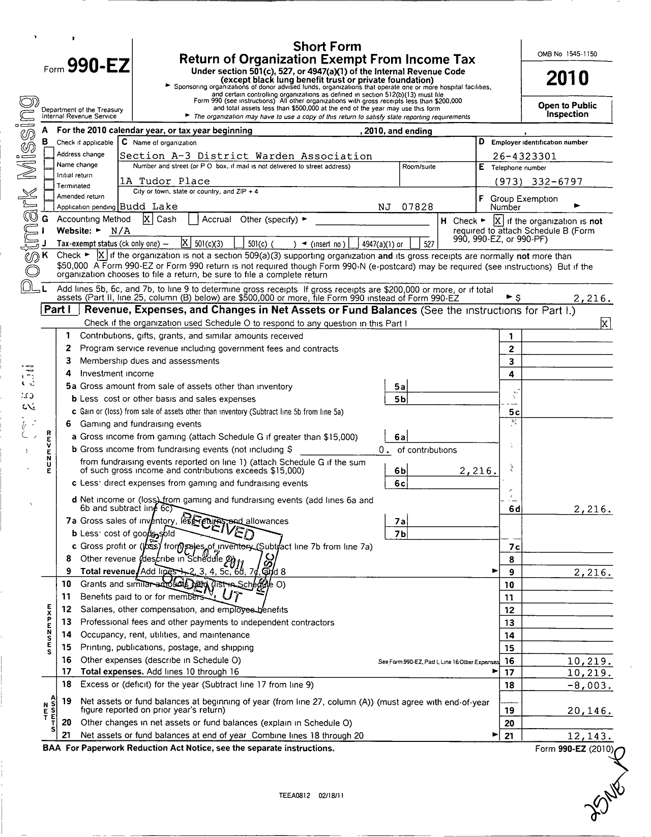 Image of first page of 2010 Form 990EZ for Section A-3 District Warden Association