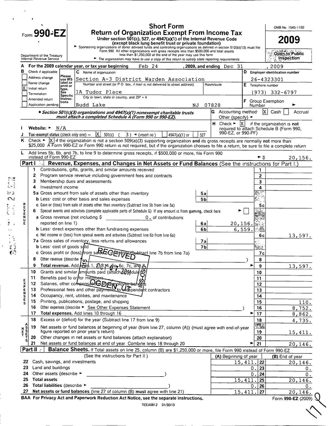 Image of first page of 2009 Form 990EZ for Section A-3 District Warden Association