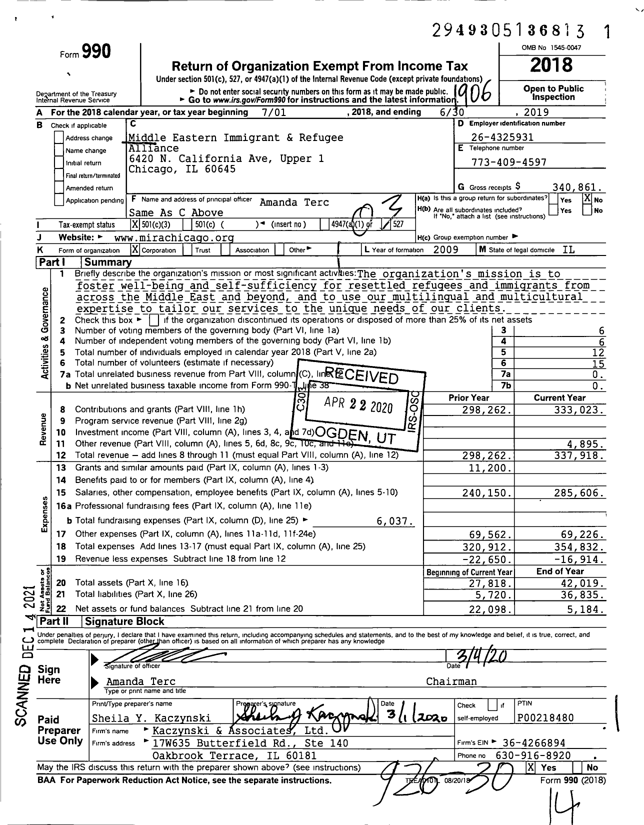 Image of first page of 2018 Form 990 for Middle Eastern Immigrant and Refugee Alliance