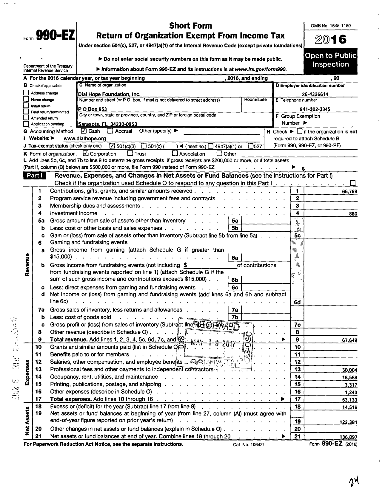 Image of first page of 2016 Form 990EZ for Dial Hope Foundation