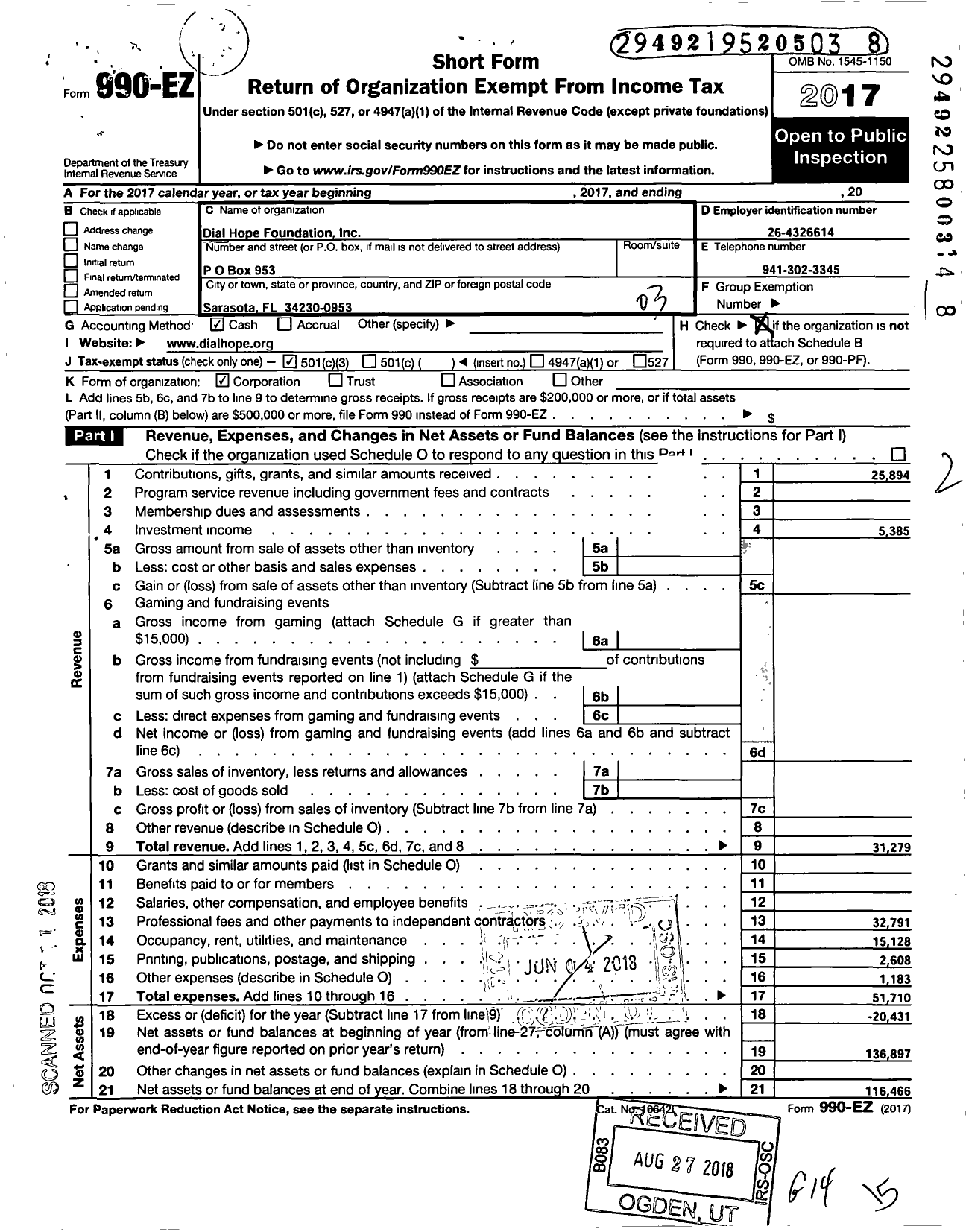 Image of first page of 2017 Form 990EZ for Dial Hope Foundation