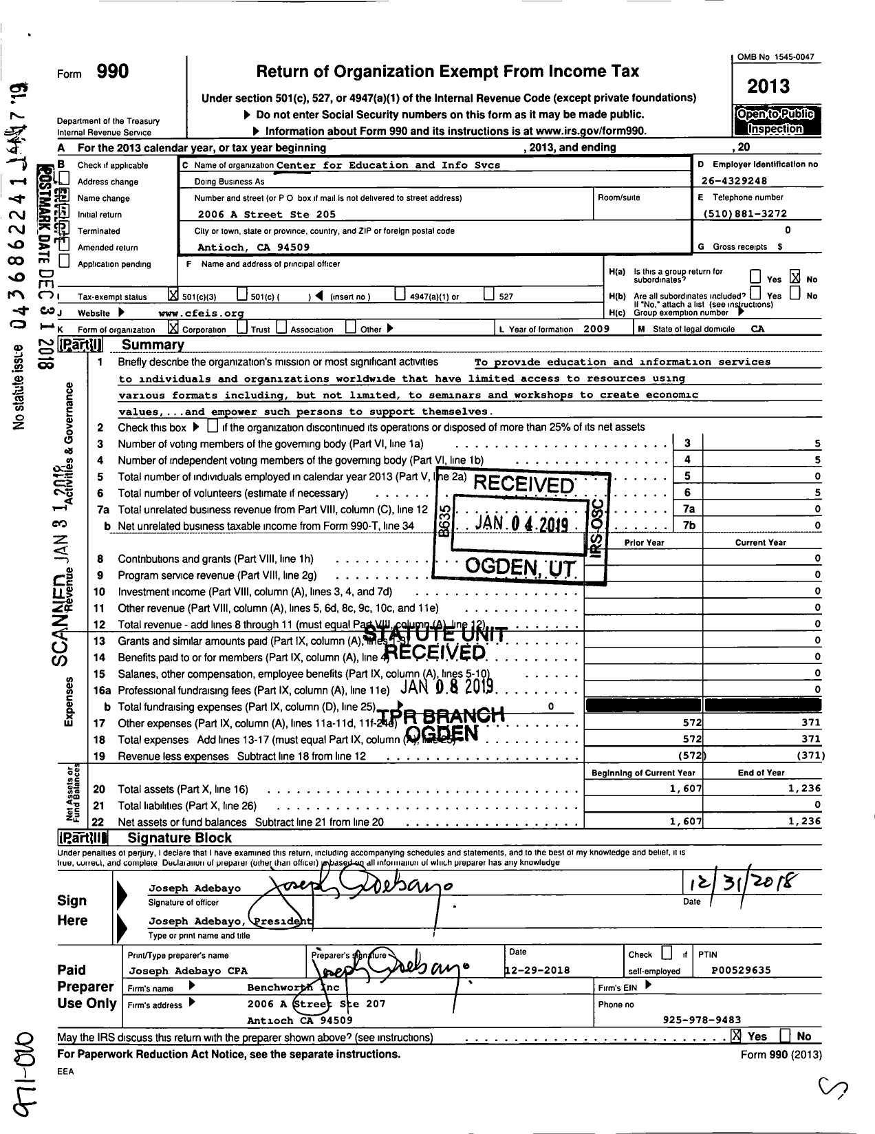 Image of first page of 2013 Form 990A for Center for Education and Info SVCS