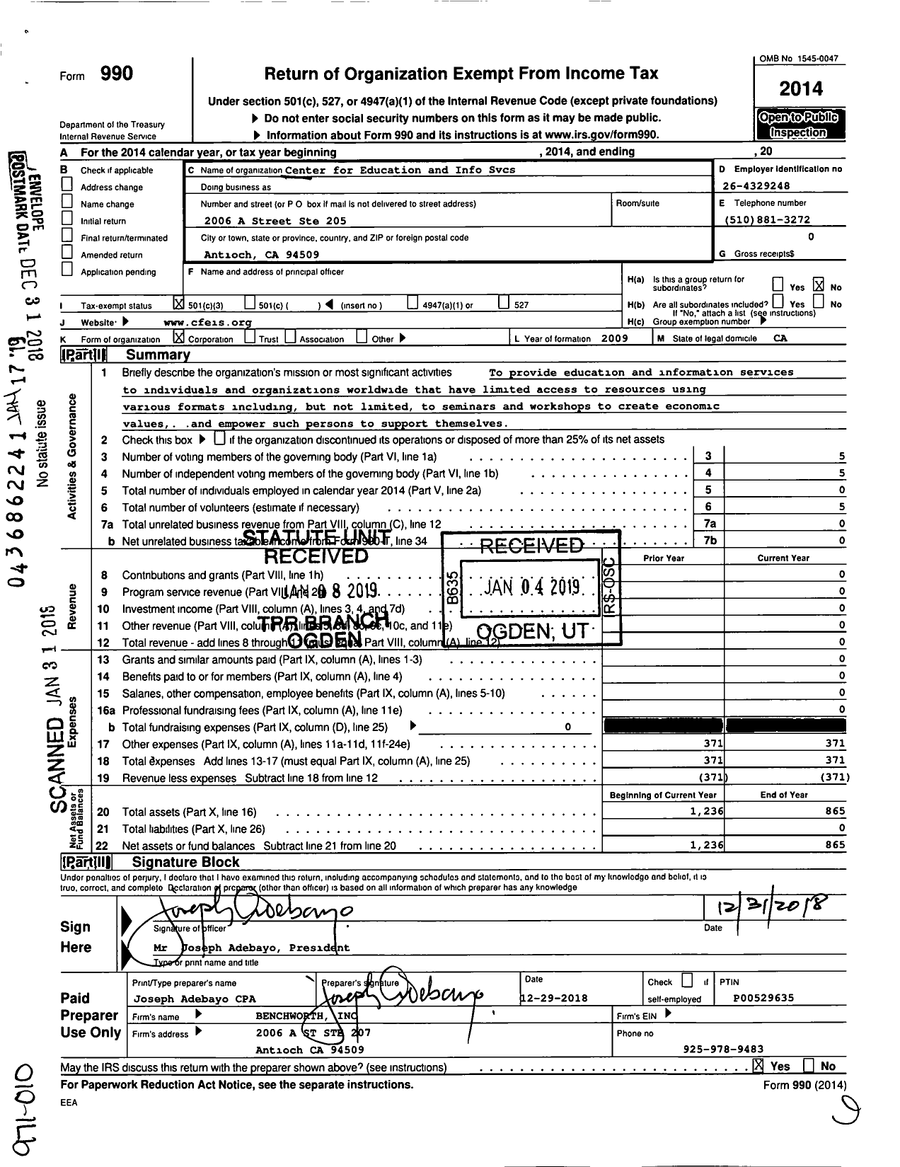 Image of first page of 2014 Form 990A for Center for Education and Info SVCS