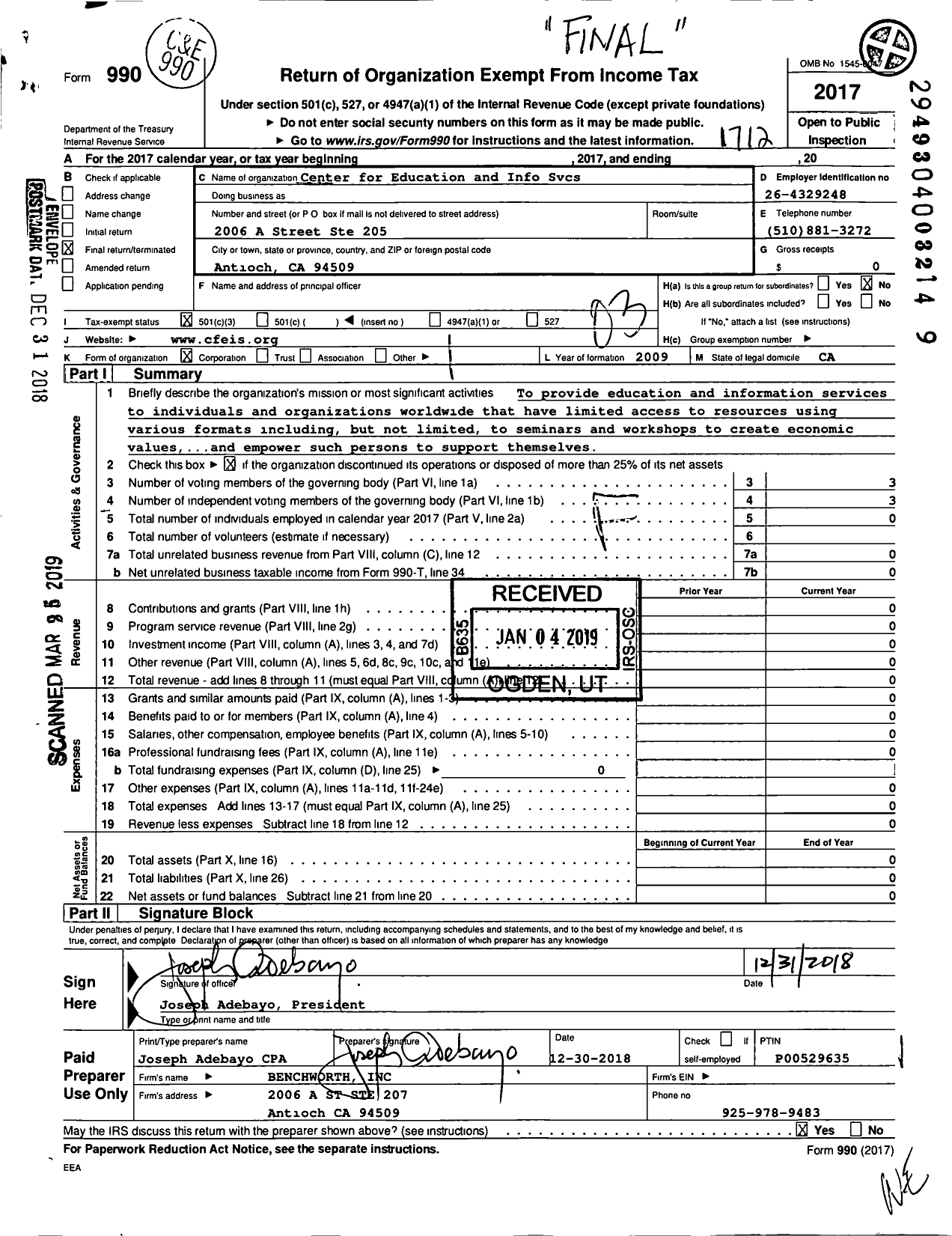 Image of first page of 2017 Form 990 for Center for Education and Info SVCS