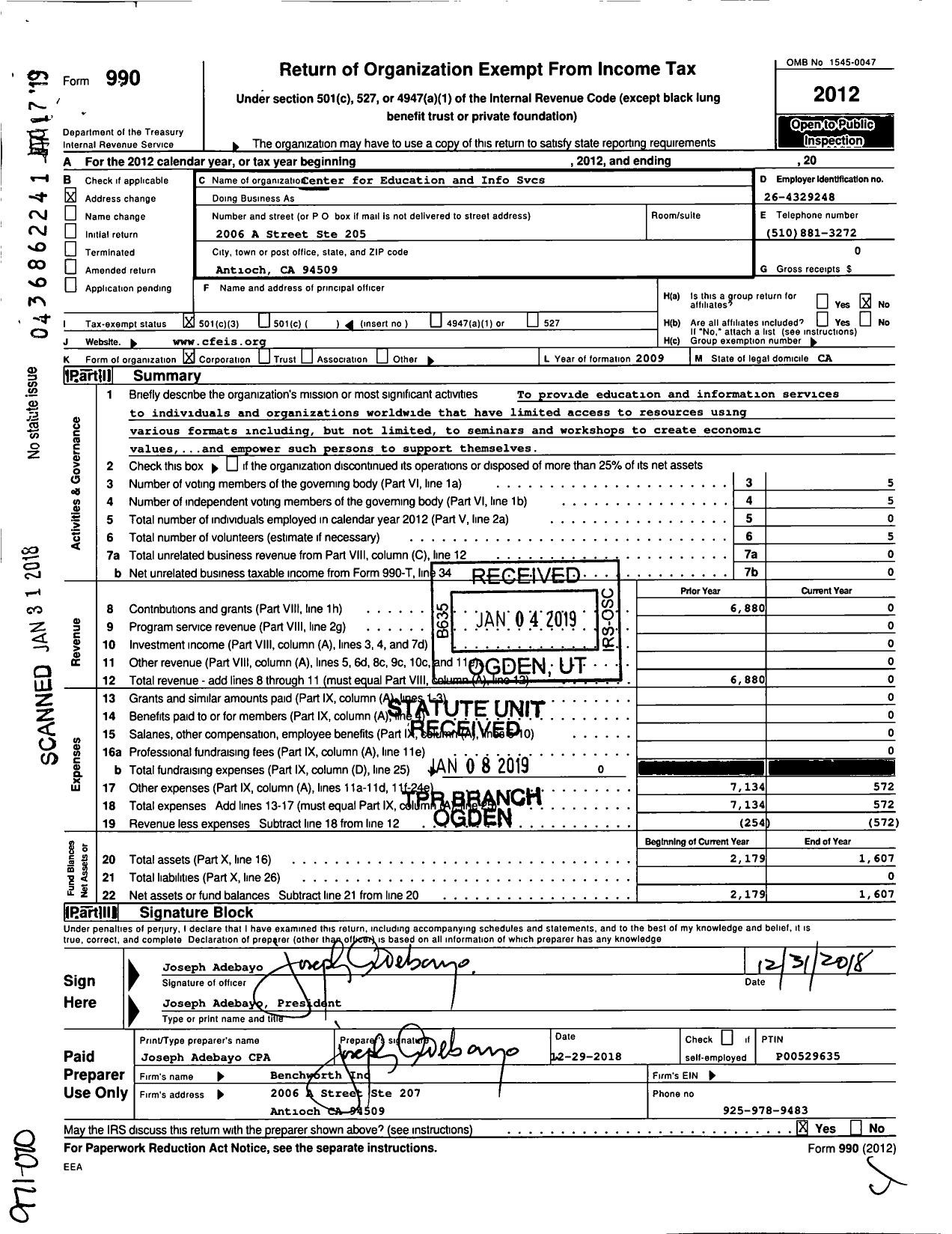 Image of first page of 2012 Form 990A for Center for Education and Info SVCS