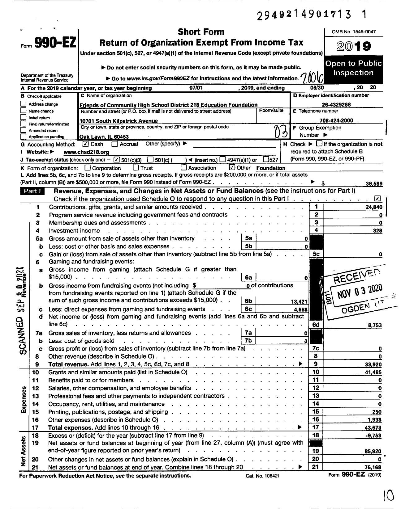 Image of first page of 2019 Form 990EZ for Friends of Community High School District 218 Education Foundation