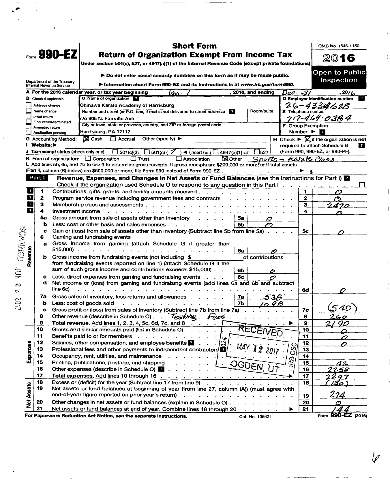 Image of first page of 2016 Form 990EO for Okinawa Karate Academy of Harrisburg