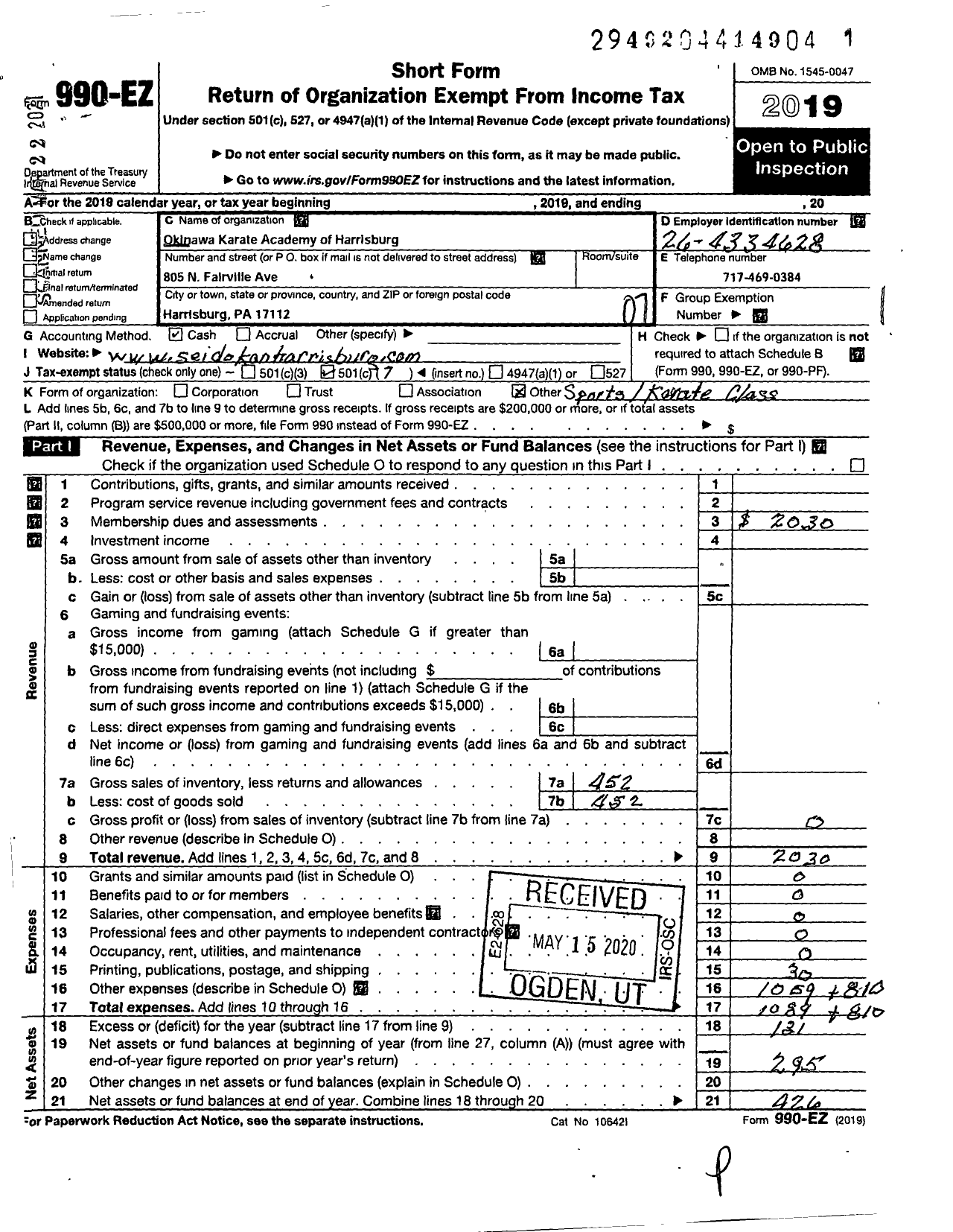 Image of first page of 2019 Form 990EO for Okinawa Karate Academy of Harrisburg