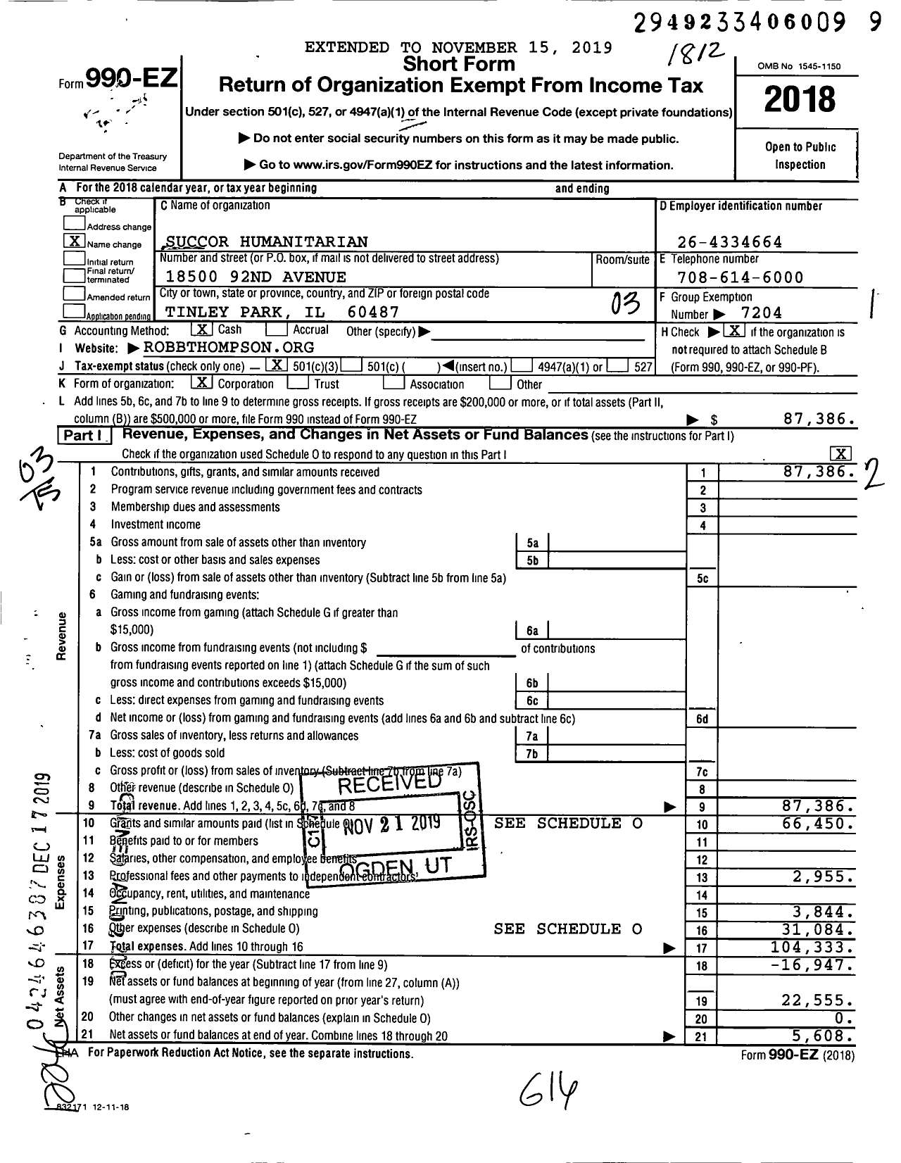 Image of first page of 2018 Form 990EZ for Robb Thompson Ministries