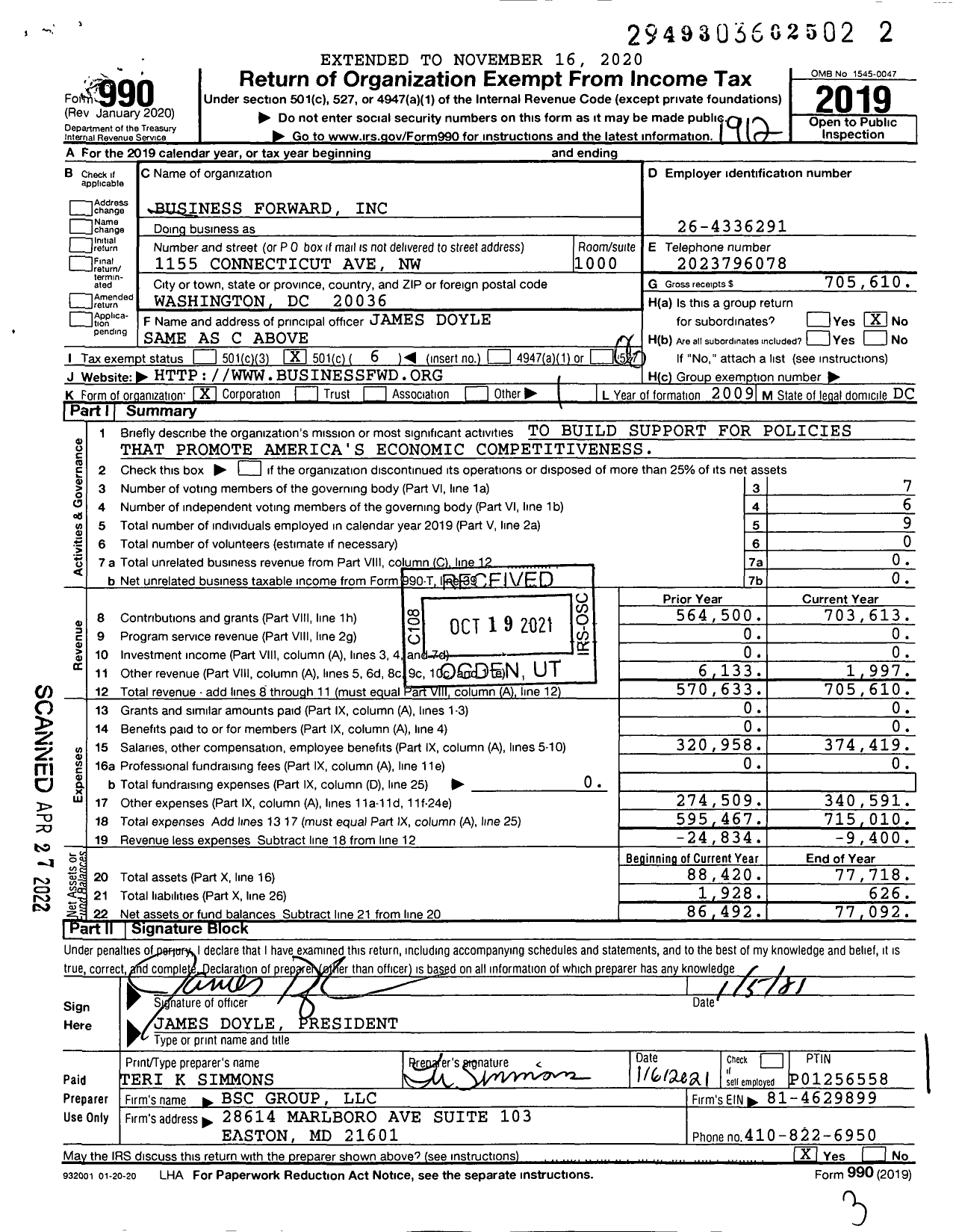 Image of first page of 2019 Form 990O for Business Forward