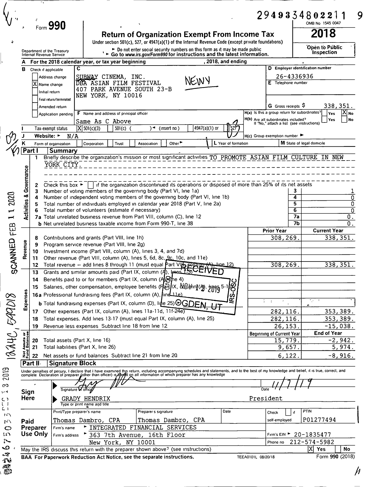 Image of first page of 2018 Form 990 for Asian Film Festival