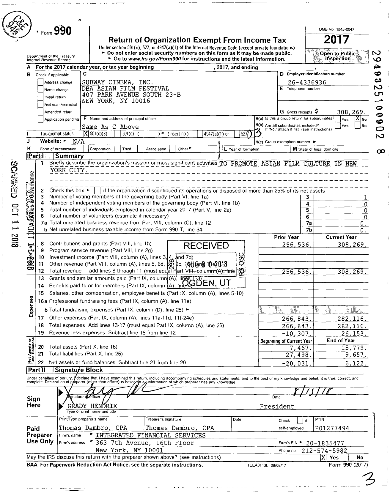 Image of first page of 2017 Form 990 for Asian Film Festival