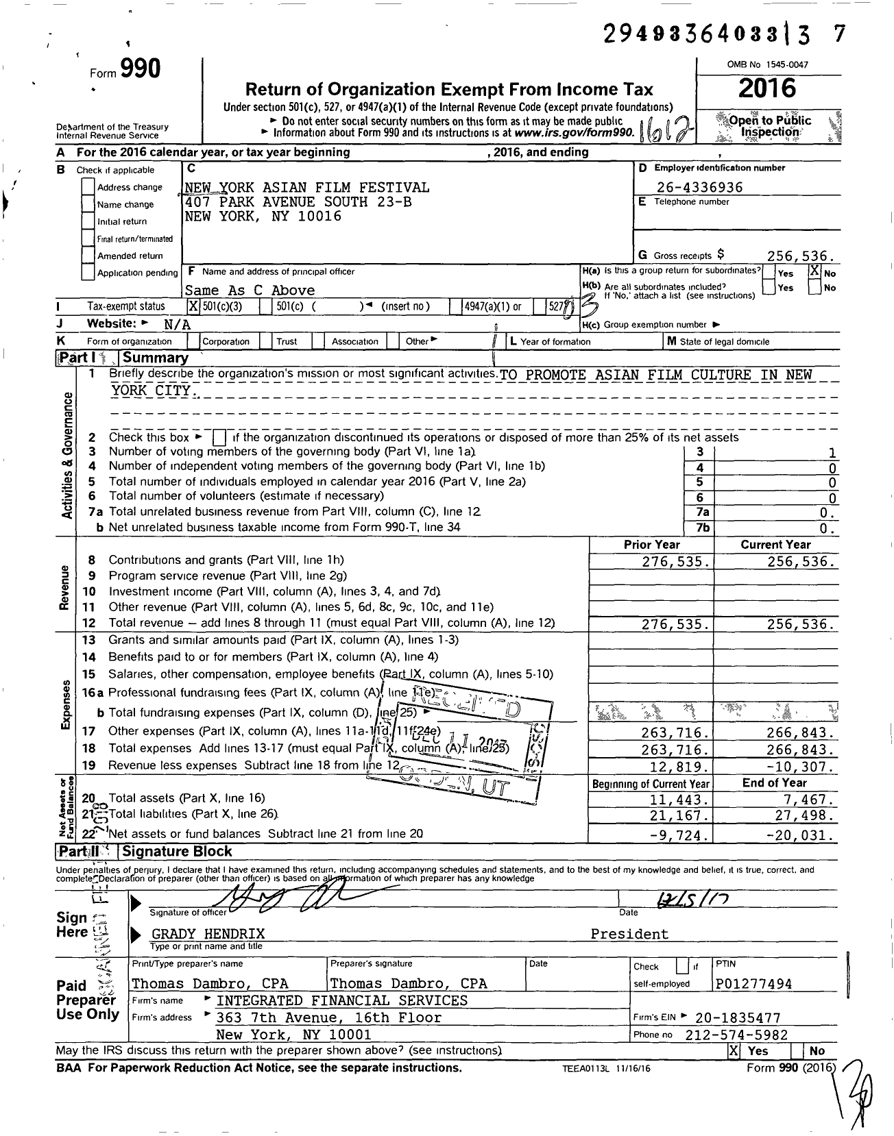 Image of first page of 2016 Form 990 for Asian Film Festival