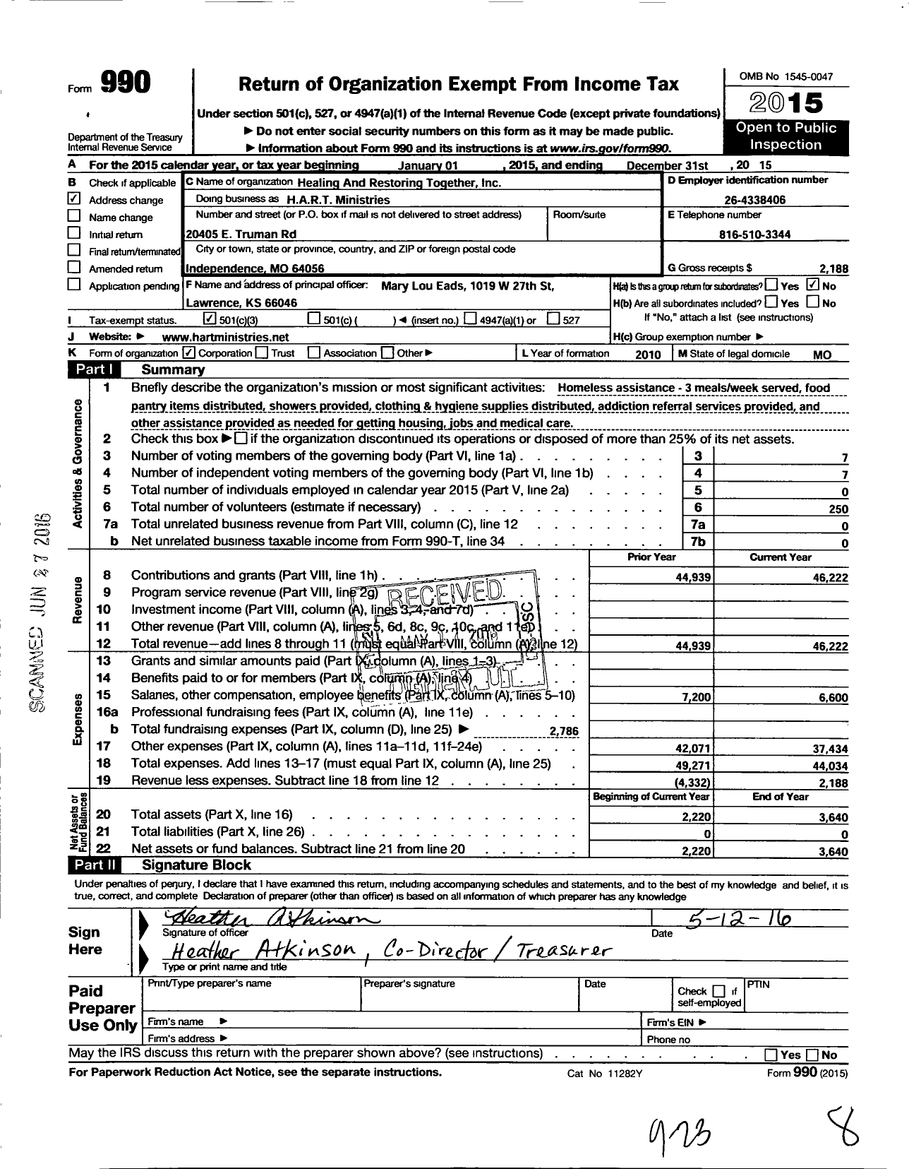 Image of first page of 2015 Form 990 for Healing and Restoring Together