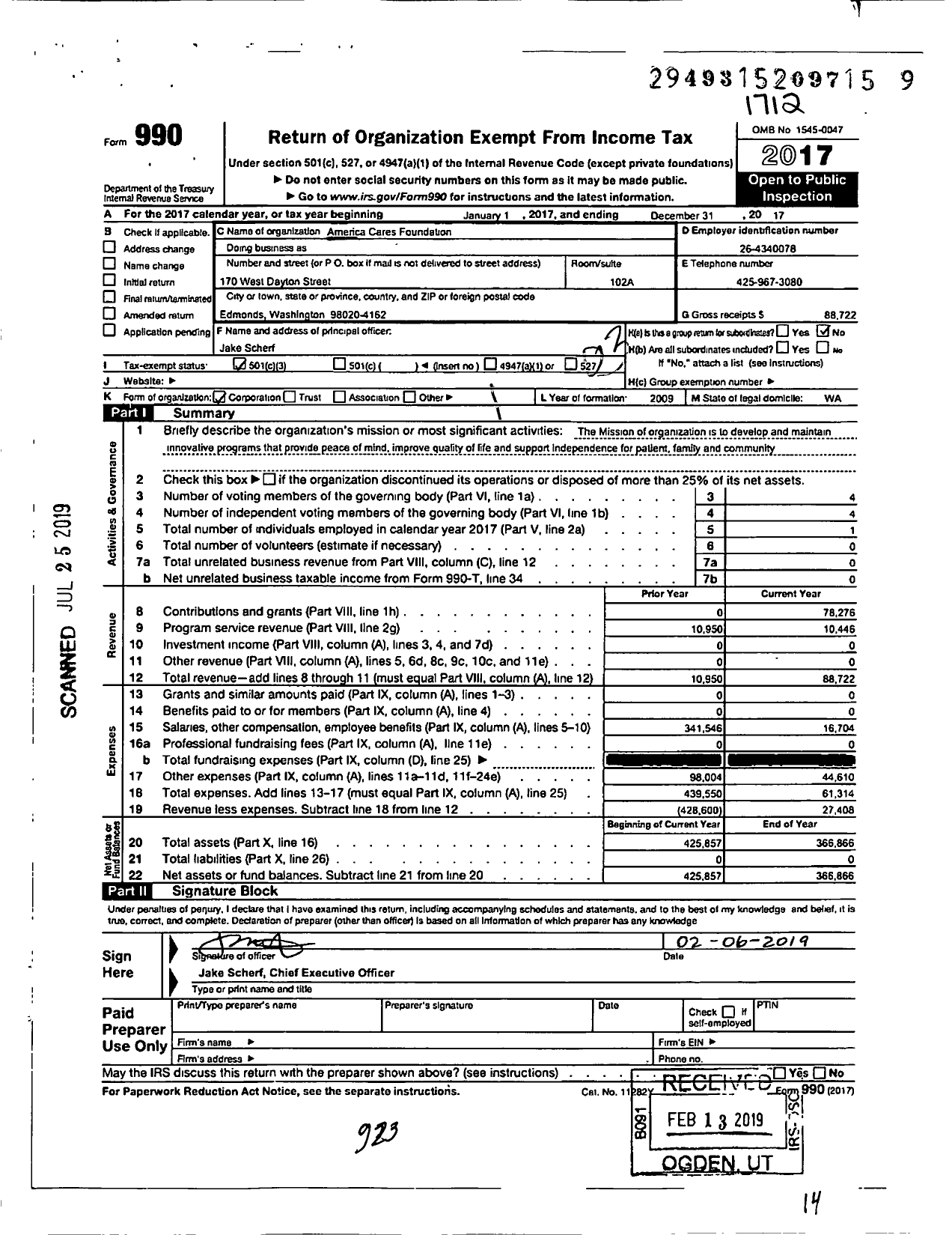 Image of first page of 2017 Form 990 for Americacares Foundation