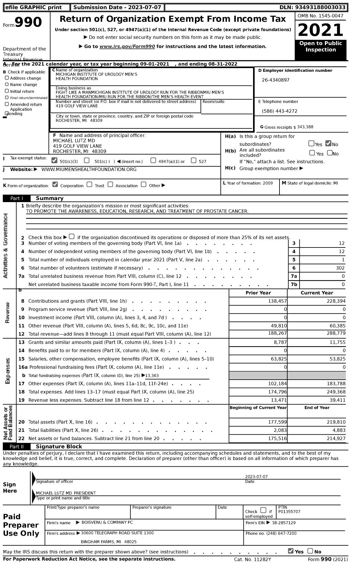 Image of first page of 2021 Form 990 for Michigan Institute of Urology Men's Health Foundation