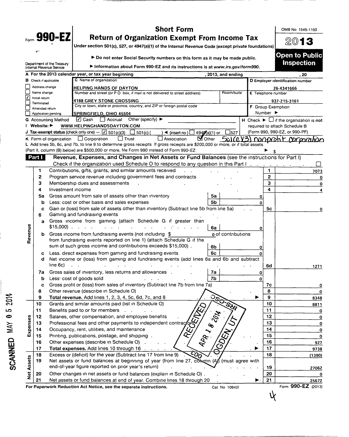 Image of first page of 2013 Form 990EZ for Helping Hands of Dayton