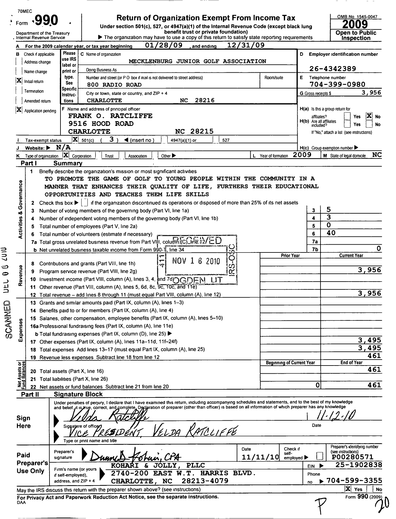 Image of first page of 2009 Form 990 for Mecklenburg Junior Golf Association