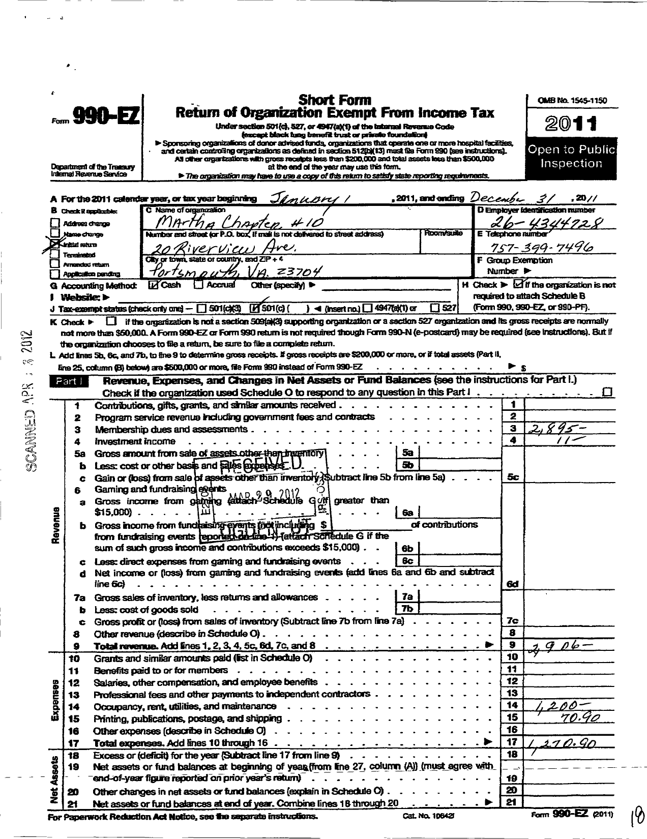 Image of first page of 2011 Form 990EO for Grand Order of the Eastern Star of Virginia Pha / Martha Chapter